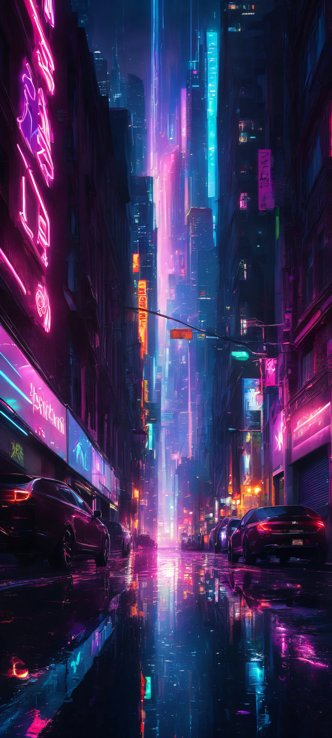 A stunning nightscape of a city illuminated by vibrant neon lights, iPhone/Androidのホーム画面に完全に最適化.