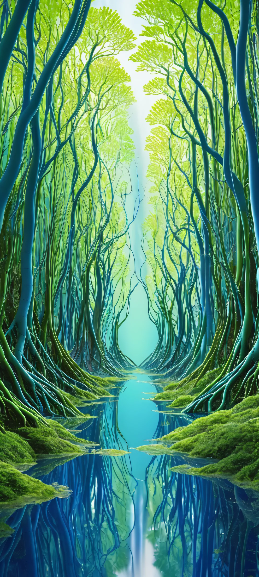 Ethereal Nexus QHD Smartphone Background A stunning portrait of an alien forest, featuring intricate brain tissue and nerve plants, perfectly optimized for iPhone/Android home screens.