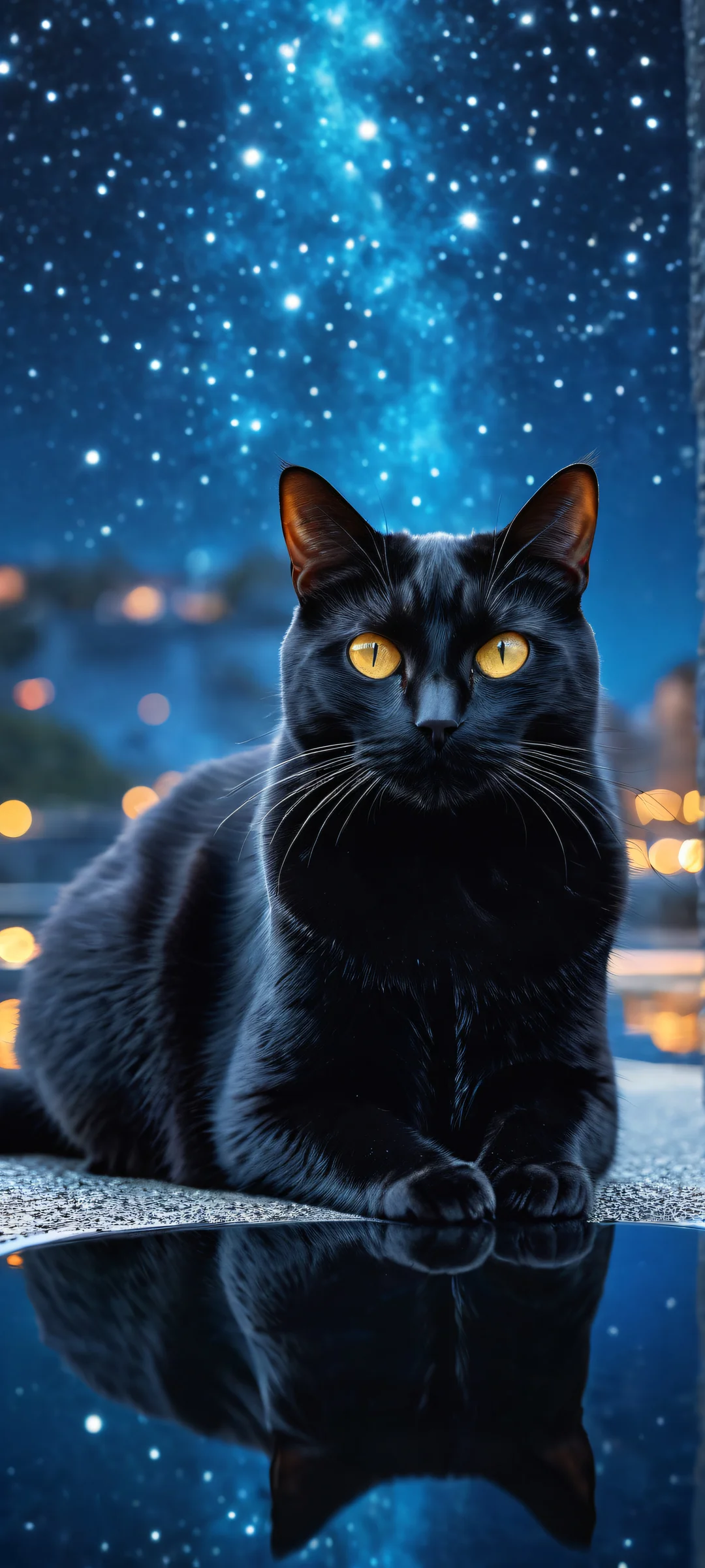 Sleek black cat with intricate details in a void background, reflective pool and brilliant colors. Perfect for iPhone/Android home screens.