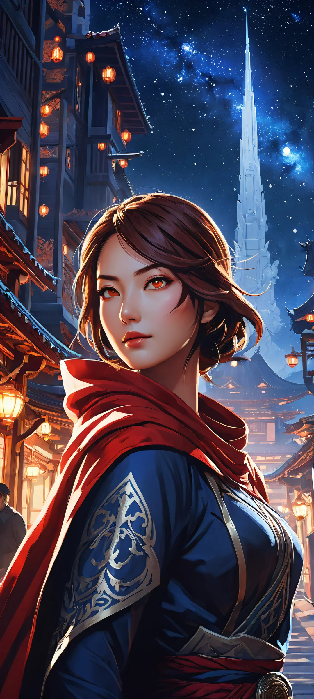 Aurora-inspired artwork featuring video game characters against a starry night sky with Aragami's glowing eyes - Perfectamente optimizado para pantallas de inicio de iPhone/Android.