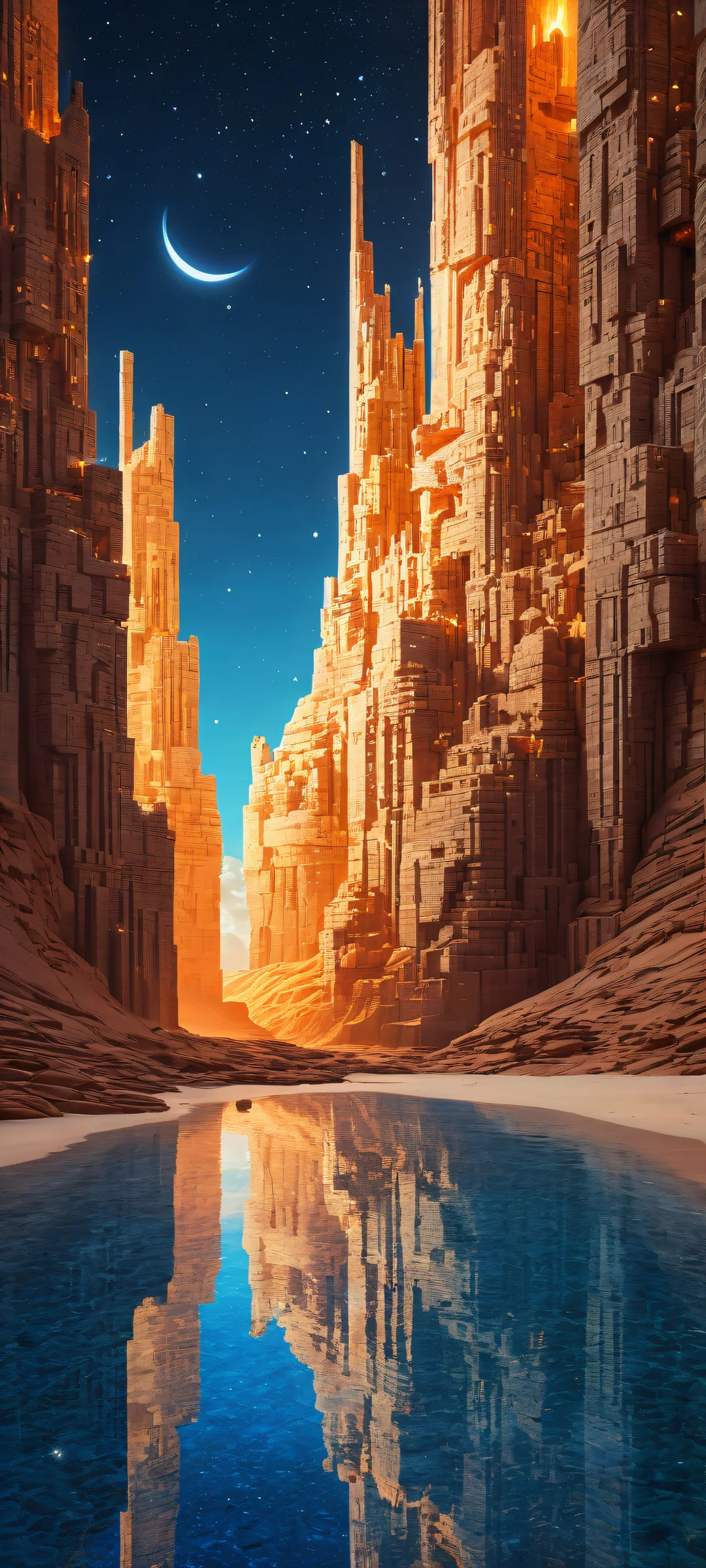 A stunning digital artwork of blocky structures with intricate details and a vast, starry sky, perfectly optimized for iPhone/Android home screens.