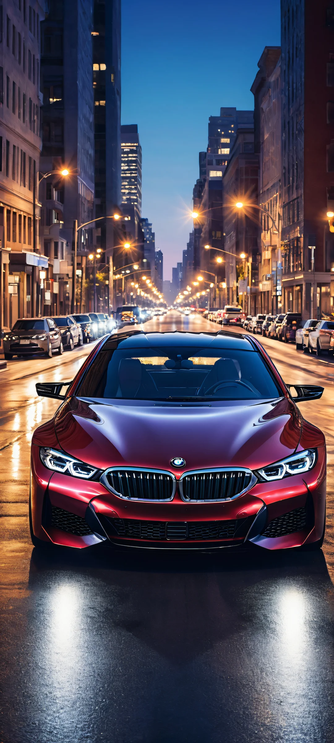 A stunning iPhone/Android wallpaper featuring a sleek BMW in the midst of an urban cityscape, with exquisite details and ray-traced reflections.