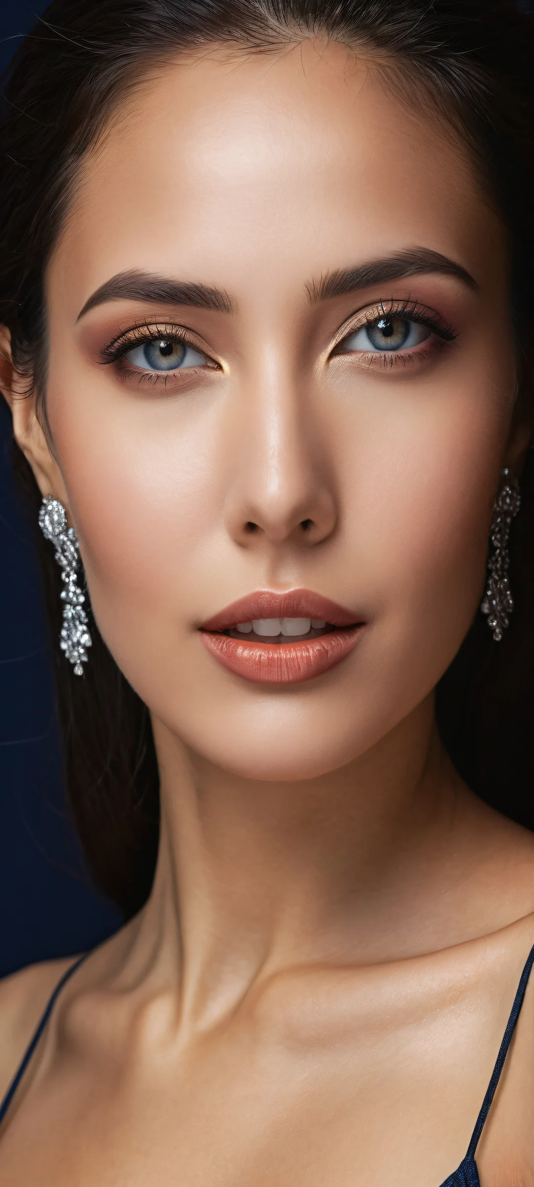 Stunning female figure with intricate facial details and a captivating smile, Perfectamente optimizado para pantallas de inicio de iPhone/Android..