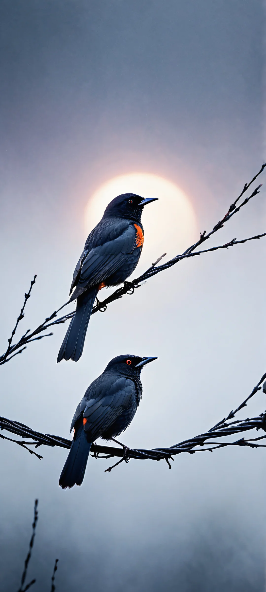 iPhone/Android wallpaper featuring a delicate black bird's nest in a foggy atmosphere with vibrant red and white light streaks.