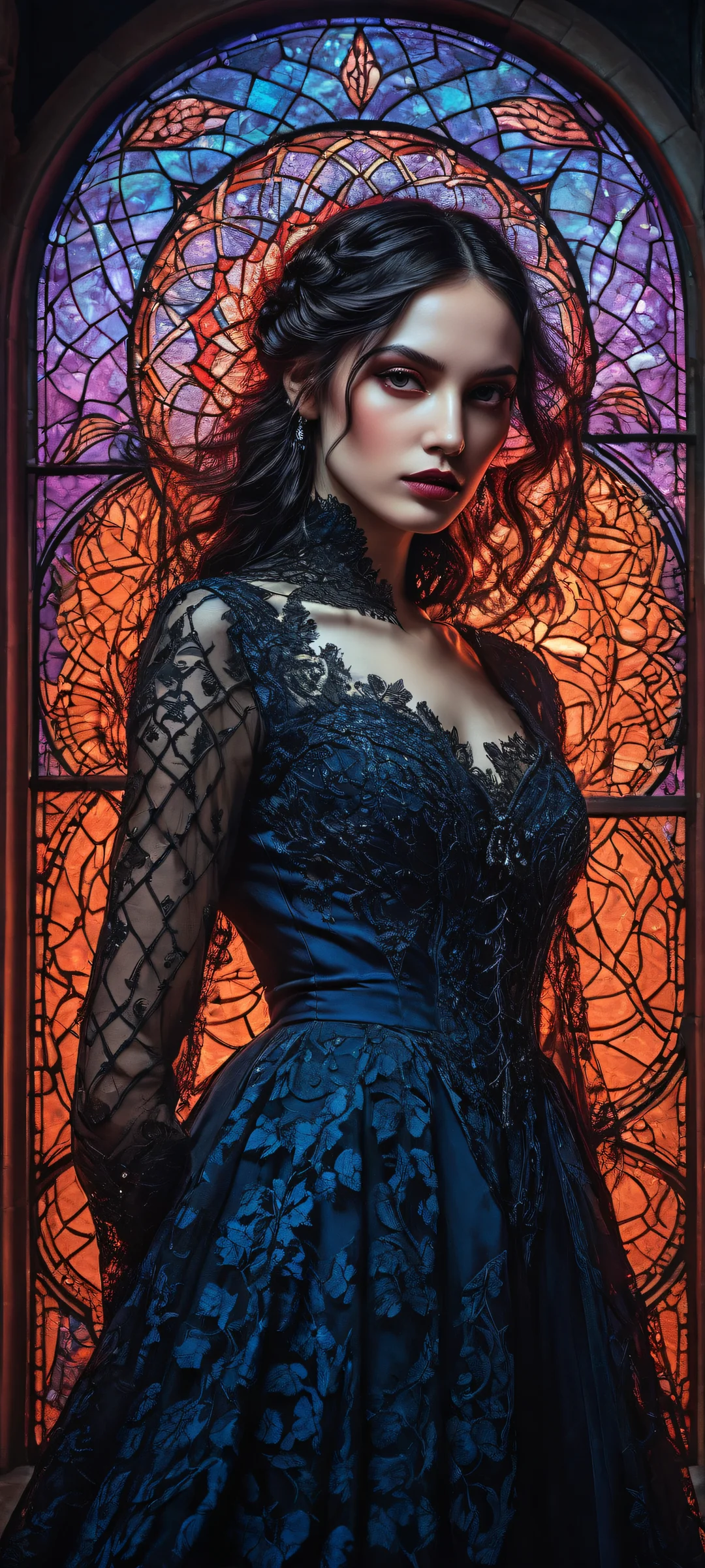 A hauntingly beautiful woman set against a dark background with subtle texture and depth. Perfekt optimiert für iPhone/Android-Startbildschirme.