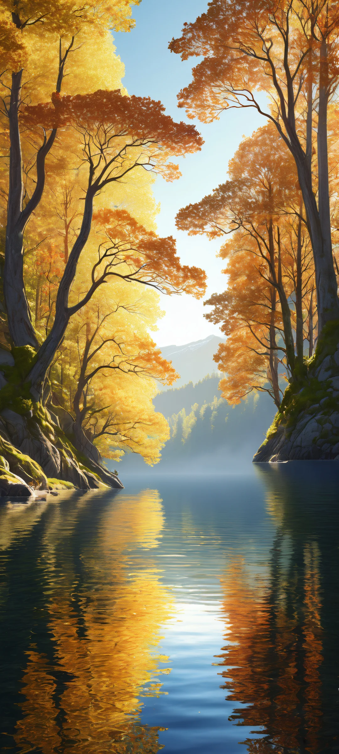 Ethereal Norwegian Oasis QHD Phone Background Stunning digital artwork of trees and Norway's lakeside scenery on iPhone/Android device