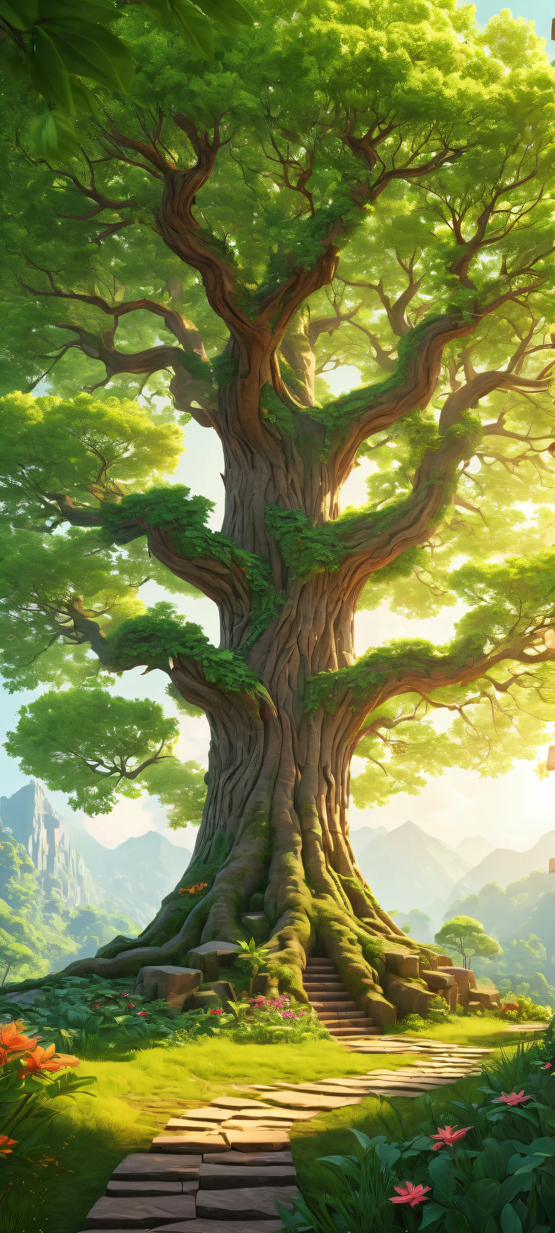 A majestic iPhone/Android wallpaper featuring a stunning tree with intricate 3D blocks and vibrant flowers, surrounded by lush greenery.