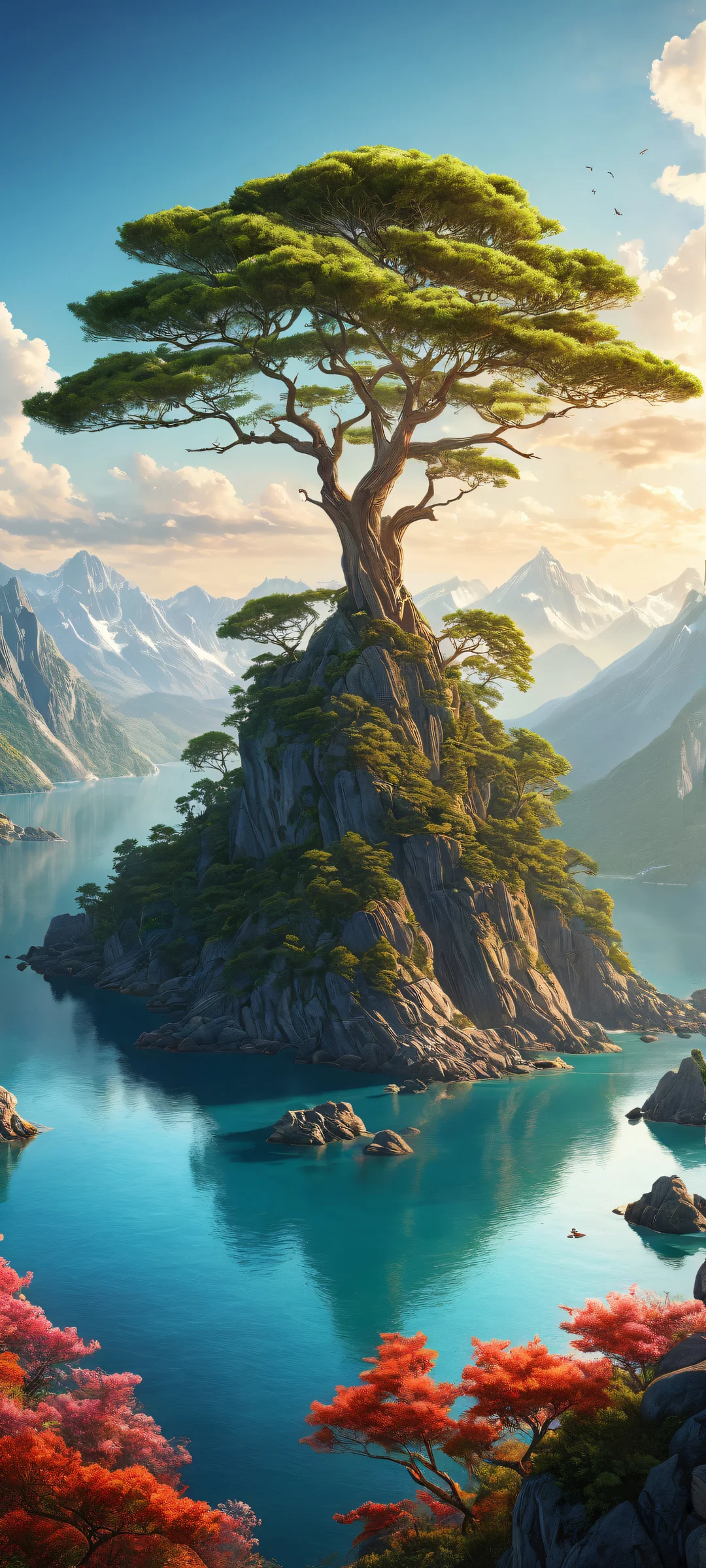 iPhone and Android users will love this breathtaking vertical portrait artwork of Trees set against a vast, serene background with radiant colors and ray-traced reflections.