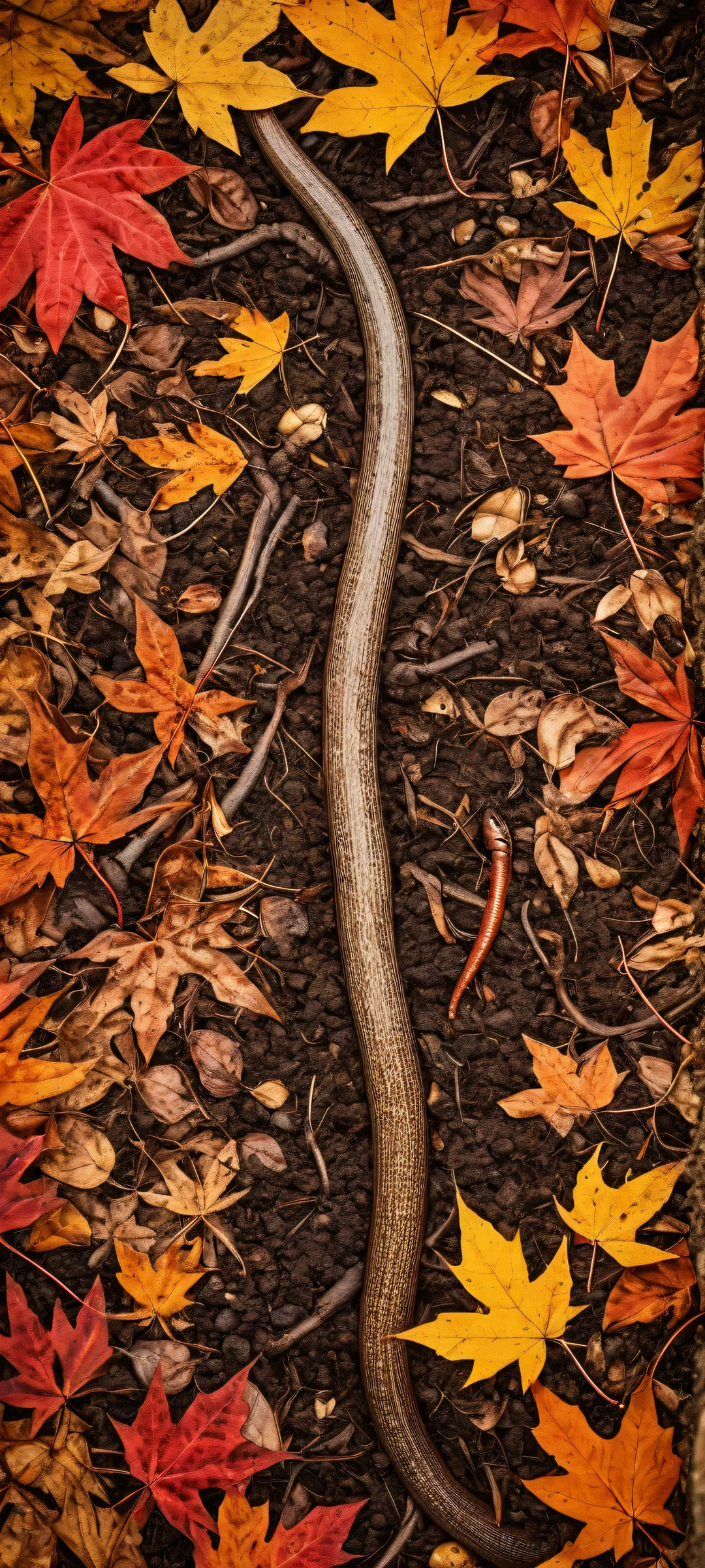 A breathtaking portrait of a Slow Worm surrounded by autumn maple grove, passers-by, and subtle hints of windmill blades on iPhone/Android home screens.