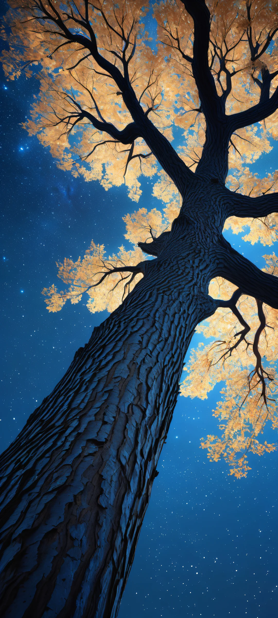 Majestic tree stands tall on a serene night sky with a futuristic building structure in the distance, iPhone と Android のホーム画面に完全に最適化.