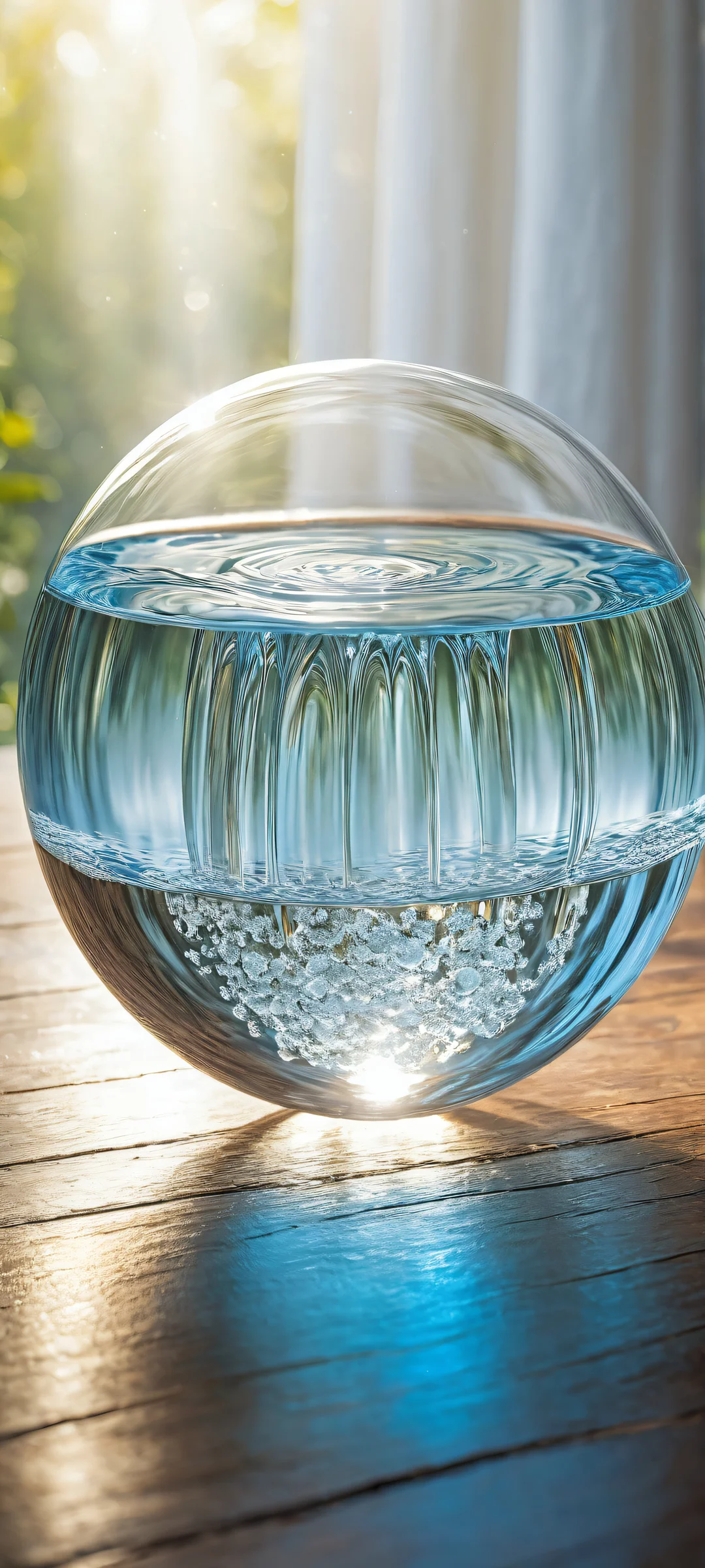 Ethereal Oasis QHD Phone Background Breathtaking vertical portrait artwork of Waterfall on a wooden table, perfect for iPhone and Android home screens.