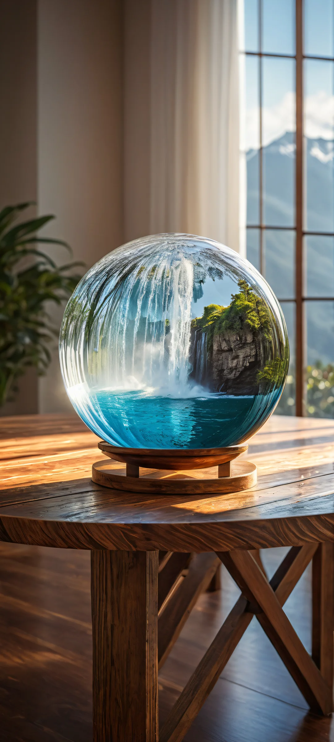 Ethereal Oasis iPhone & アンドロイドの壁紙ホーム画面に完全に最適化 iPhone and Android users will be mesmerized by this stunning digital artwork of a waterfall surrounded by the pure void of a worn wooden table, perfectly optimized for home screens.