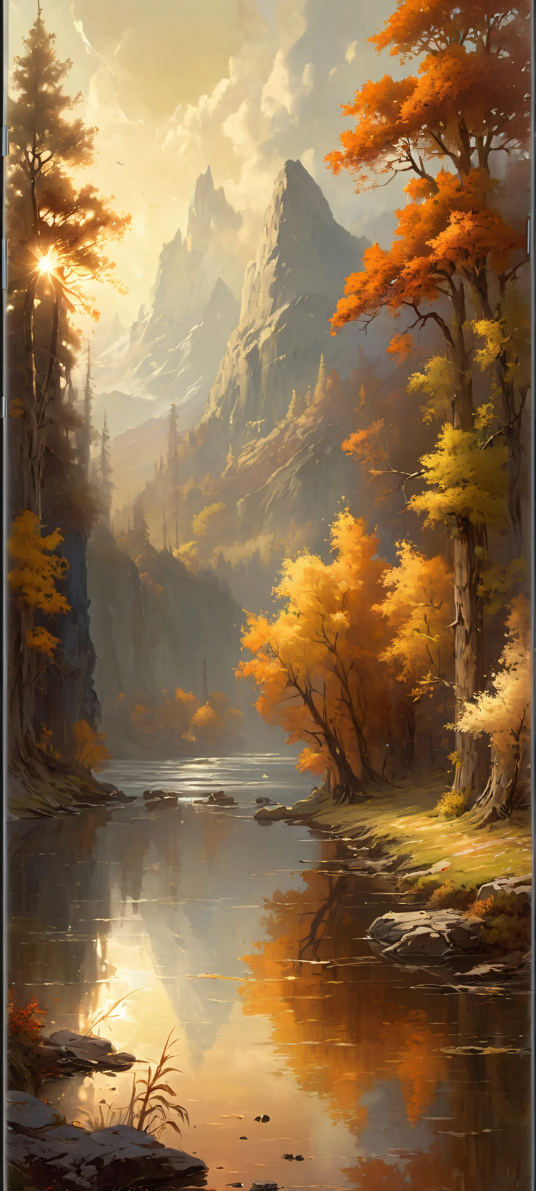 Breathtaking mobile wallpaper of a centered, classic painterly scene with radiant colors and ray traced reflections. Perfect for iPhone and Android home screens.