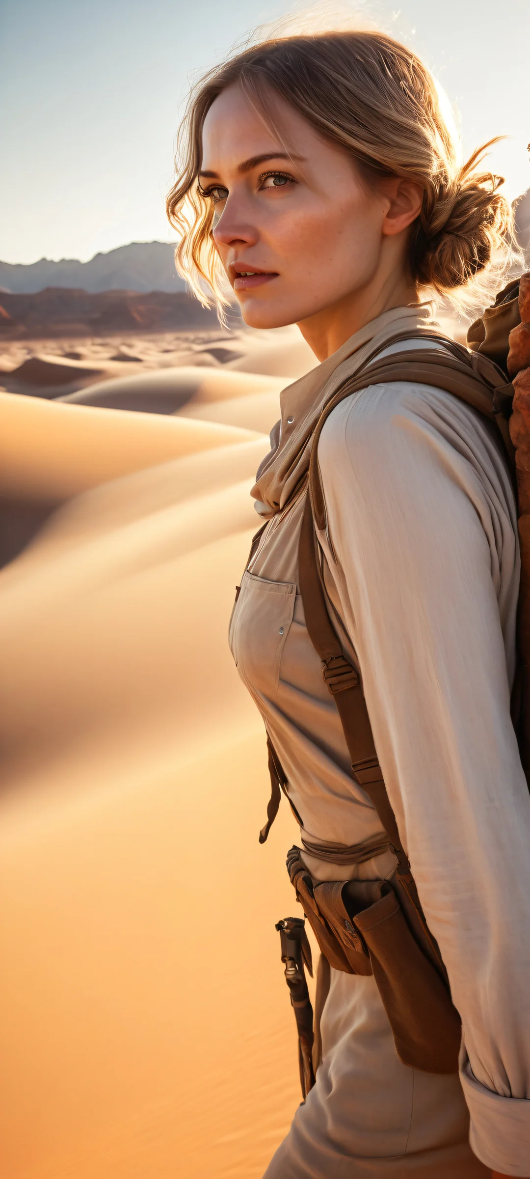 A 1930s female explorer stands out against a vast desert landscape on an iPhone or Android phone's home screen, with intricate linework and soft lighting.