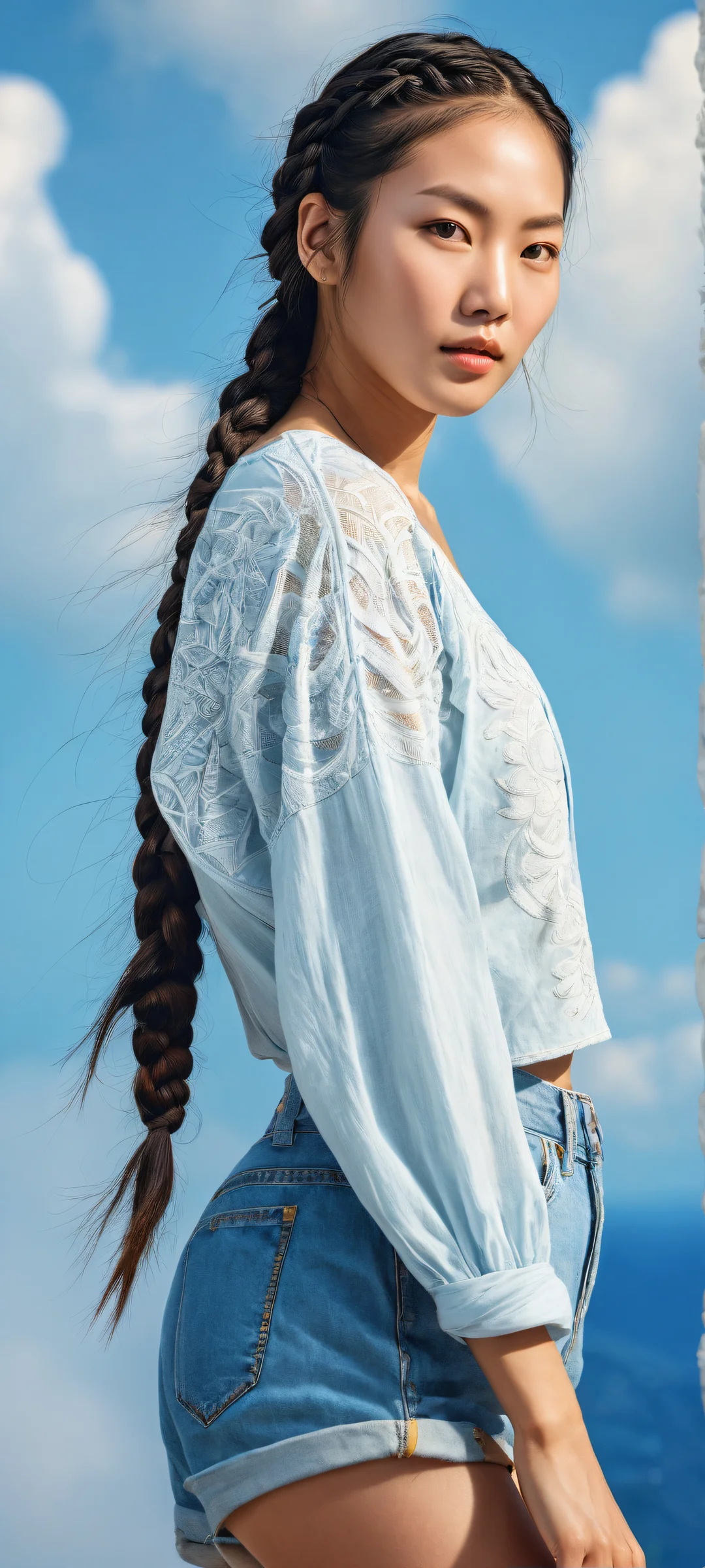 Stunning Asian woman with intricate braids and jean shorts against a pure void background, perfeitamente otimizado para telas iniciais de iPhone/Android.