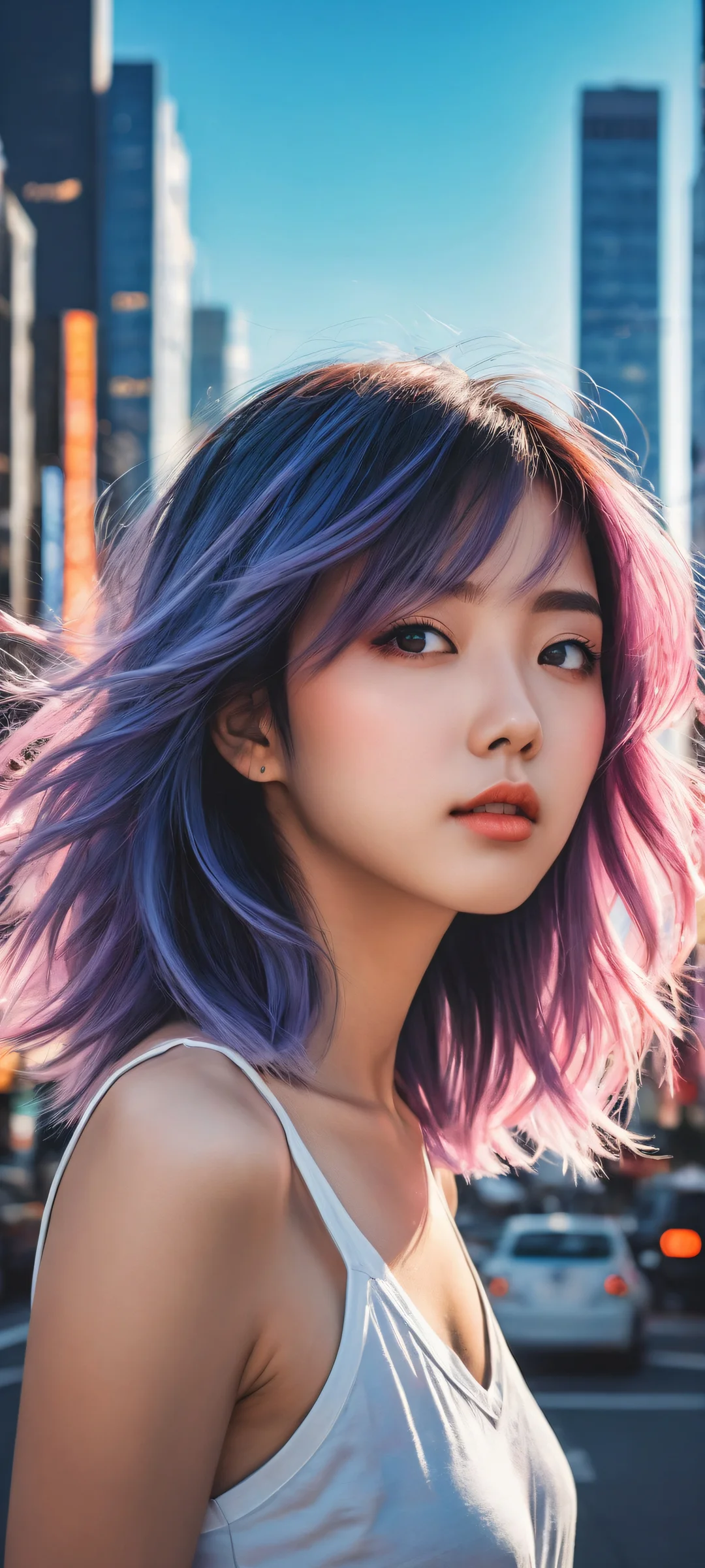 A beautiful anime girl sits in the lower middle, surrounded by a stunning cityscape. Perfekt optimiert für iPhone- und Android-Startbildschirme.