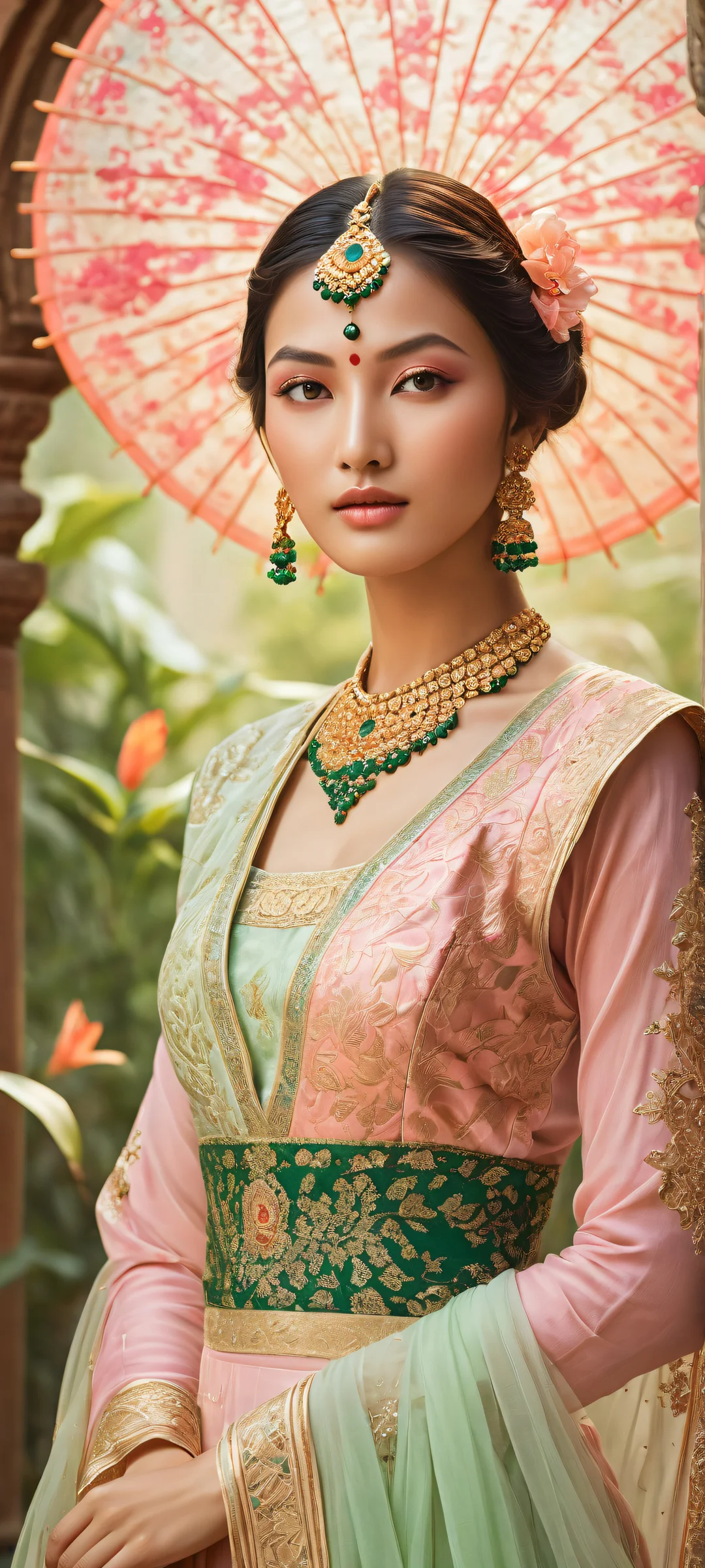 A stunning woman surrounded by an intricately designed oriental garden, perfect for iPhone/Android home screens.