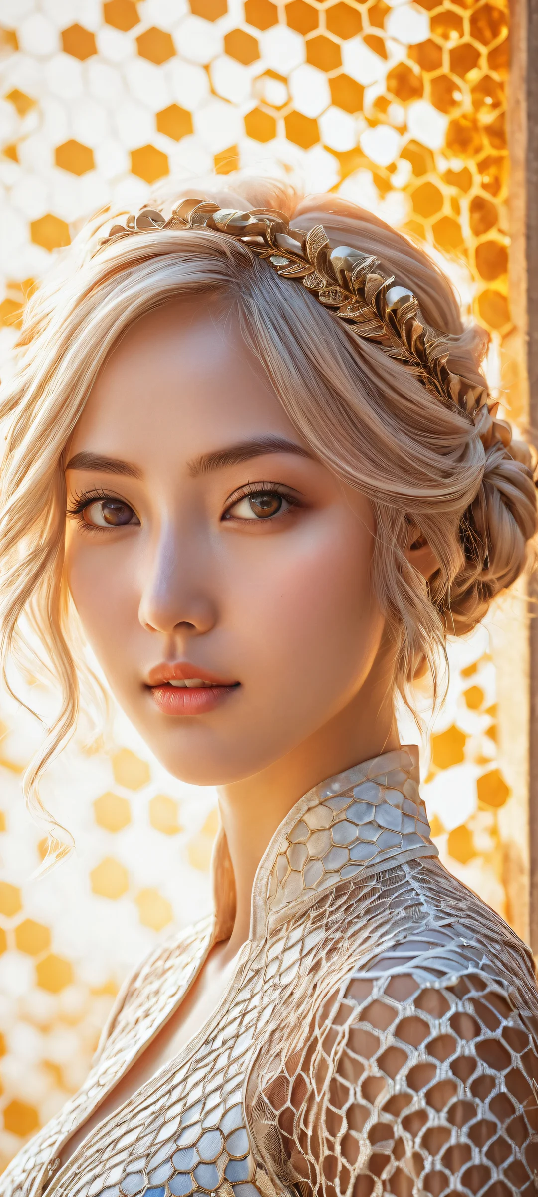 iPhone and Android compatible anime girl wallpaper with intricate details and ray-traced reflections in a serene honeycomb-patterned background.