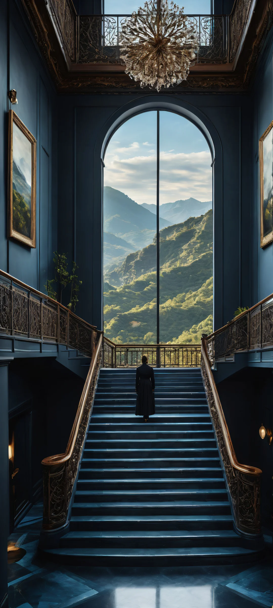 A serene iPhone and Android-compatible landscape artwork featuring intricate stair railings and atmospheric effects by Adrien Gonzalez, perfect for dark mode home screens.