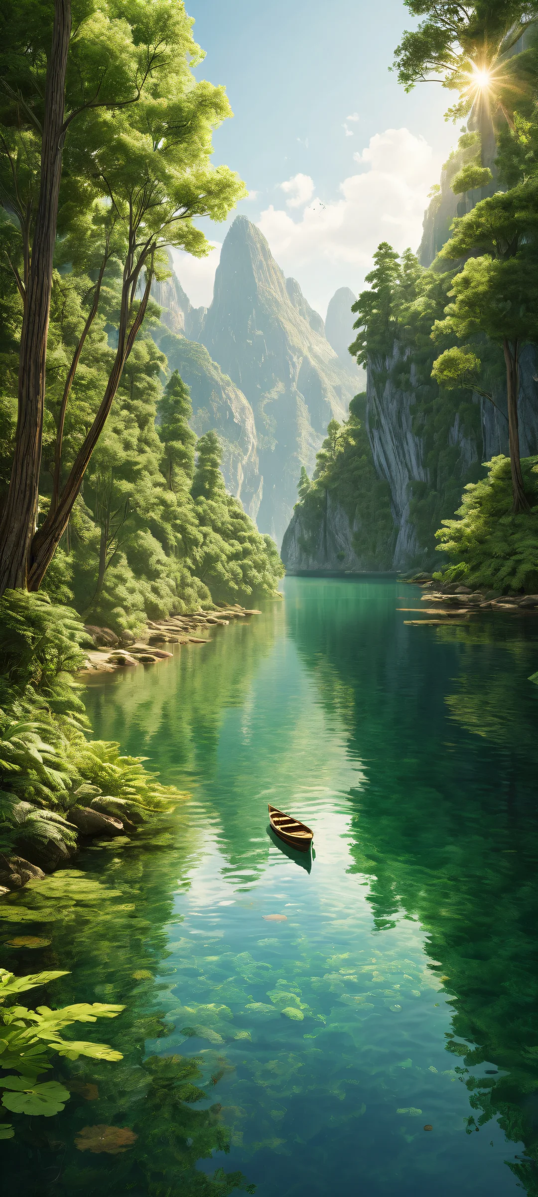 A serene landscape with a boat in the lower-middle, iPhone and Android users will appreciate the stunning visual impact of this breathtaking artwork on their home screen.