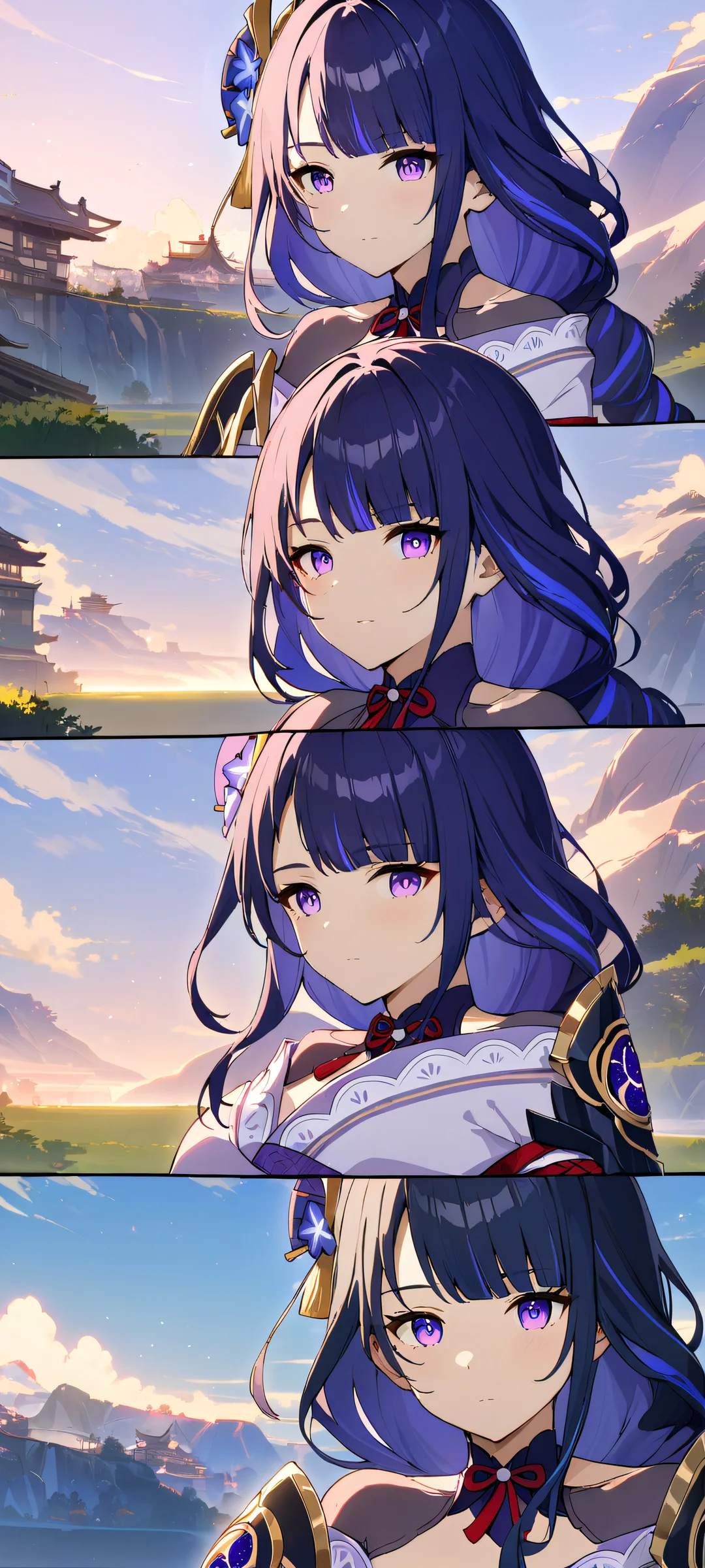 A serene anime-inspired scene featuring Raiden Shogun from Genshin Impact, looking directly at the viewer with a sense of wonder and magic. Parfaitement optimisé pour iPhone, SamsungGalaxy, et écrans d'accueil Android.