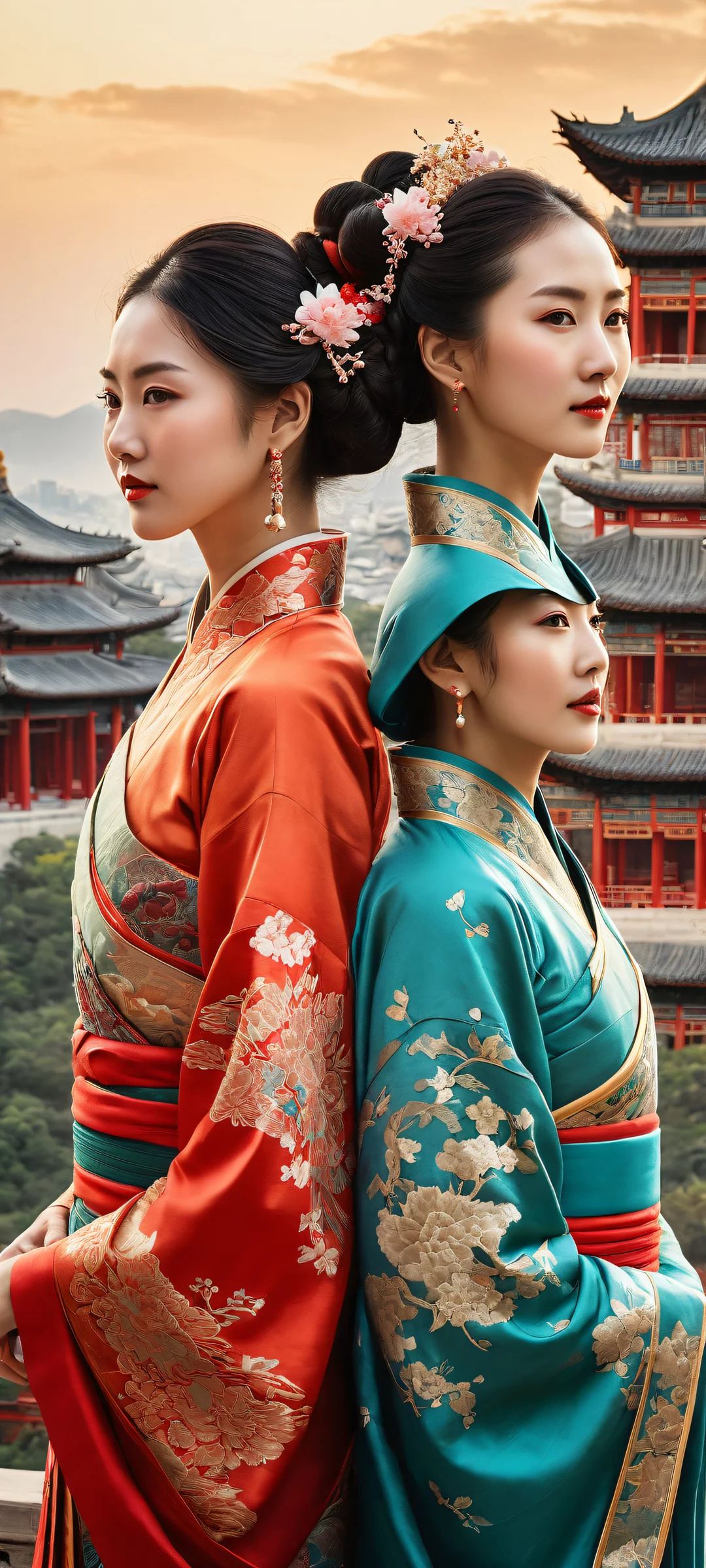 Two Asian women in traditional Chinese attire against a stunning backdrop of ancient architecture, perfeitamente otimizado para telas iniciais de iPhone e Android.
