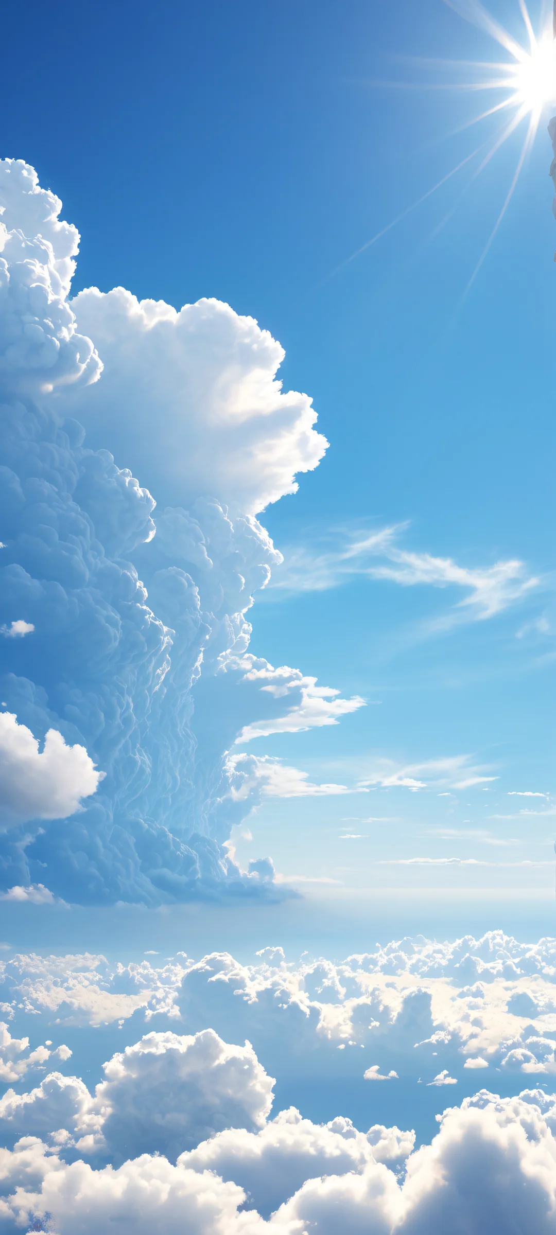 Delicate clouds suspended in an endless blue sky with subtle gradient, perfectly clean top half and radiant sunlight casting long shadows - ideal for iPhone/Android home screens.