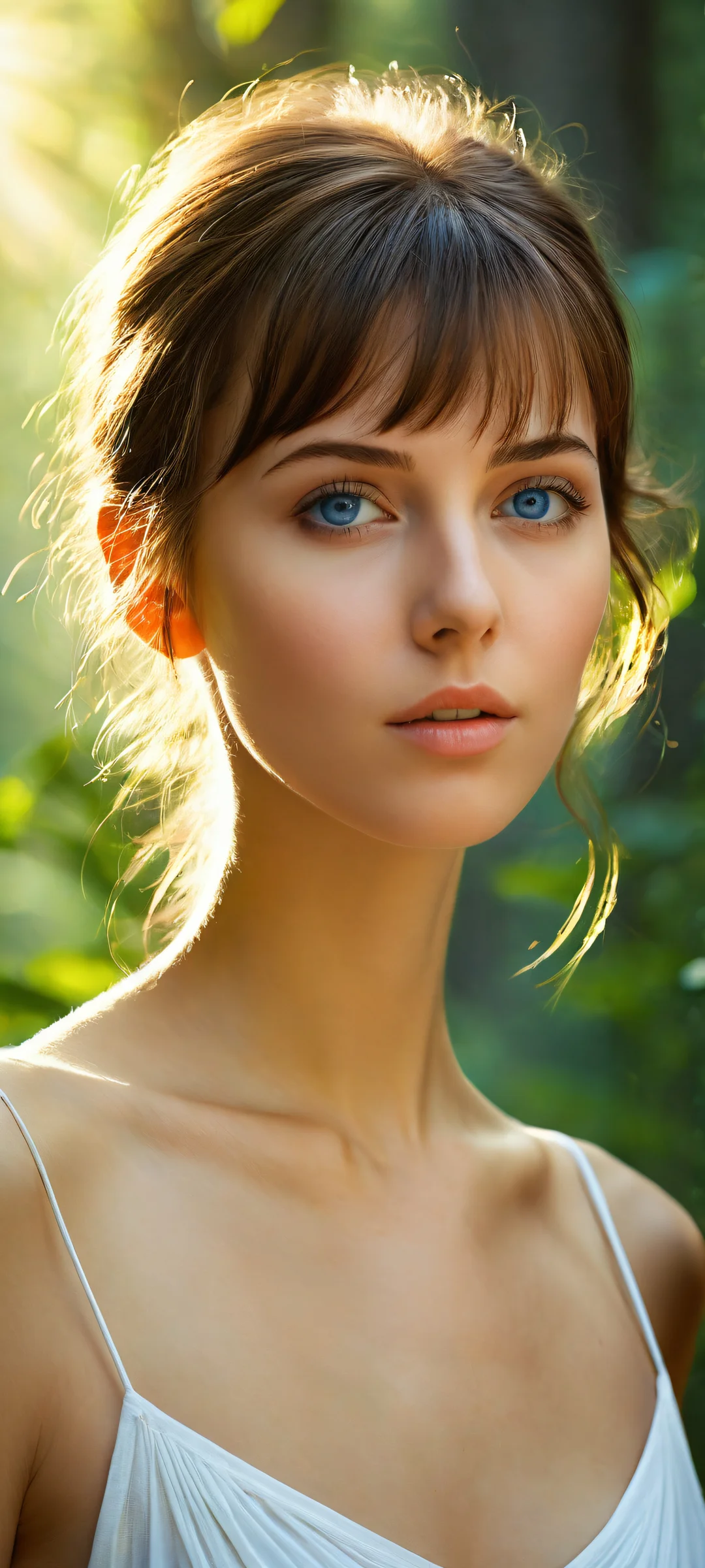 A serene young woman with radiant eyes stands out against a lush forest backdrop on iPhone/Android
