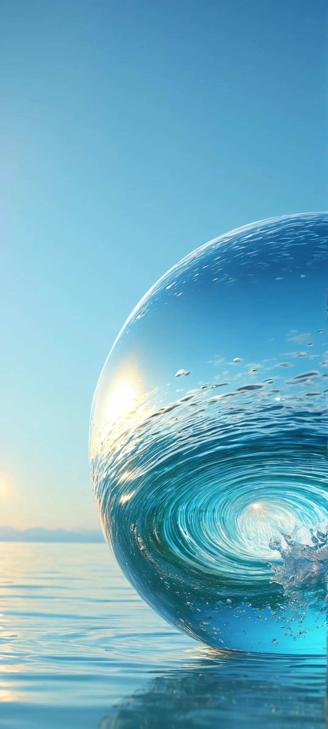 A serene digital artwork featuring a sphere with micro-details of water and reflections on iPhone/Android home screens.
