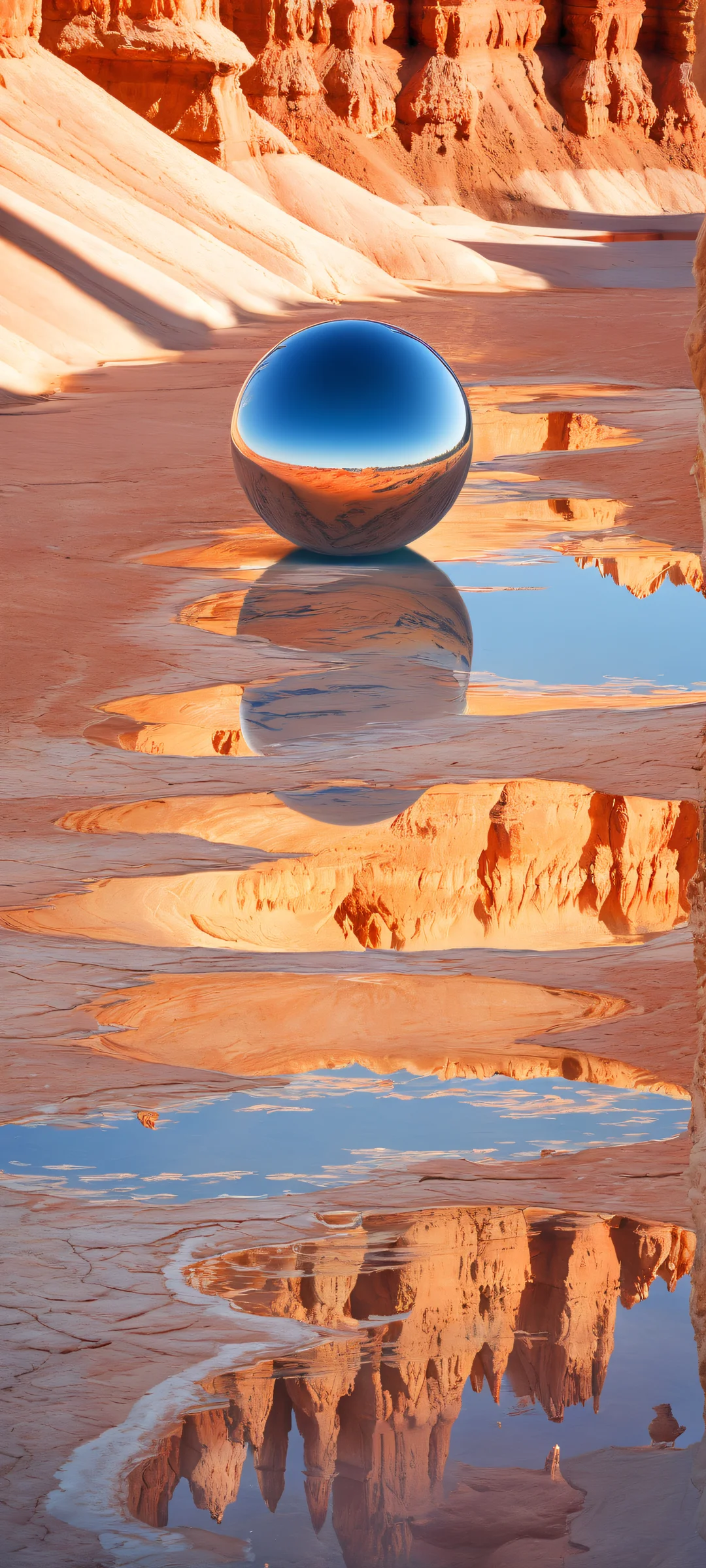 Stunning digital art of a sphere in a bryce canyon landscape on iPhone/Android home screens.