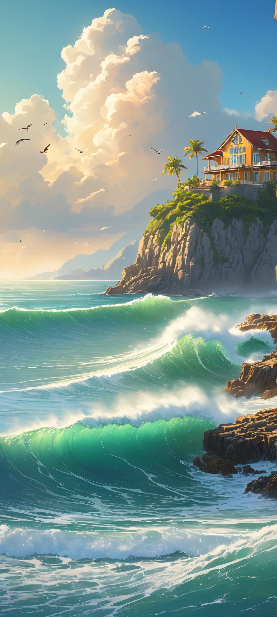 Ethereal Oasis 2K QHD Home Screen A serene beach landscape featuring majestic clouds and the warmth of daylight, perfectly optimized for iPhone/Android home screens.