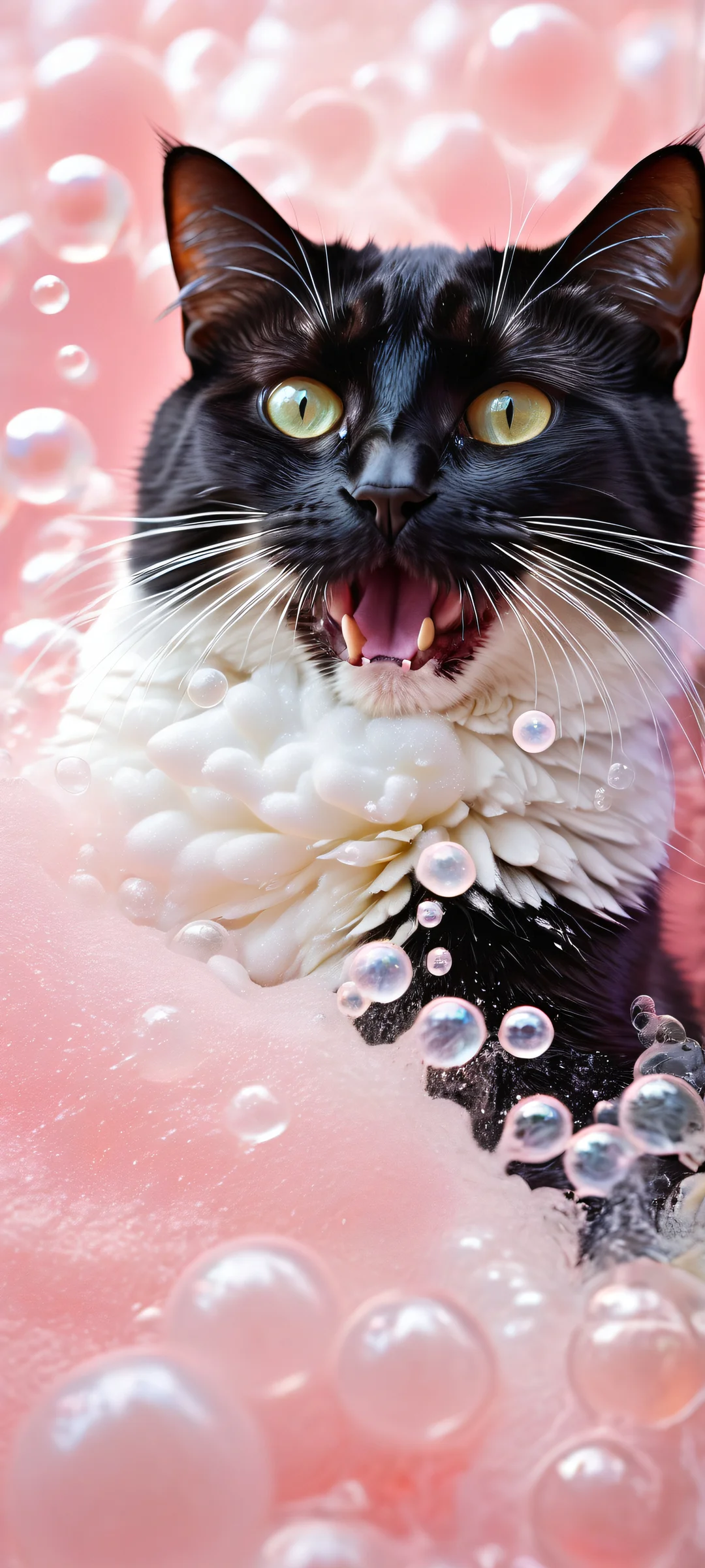 A stunning vertical portrait of a black cat taking a bubble bath on an iPhone or Android, with mesmerizing micro-details and ethereal lighting.