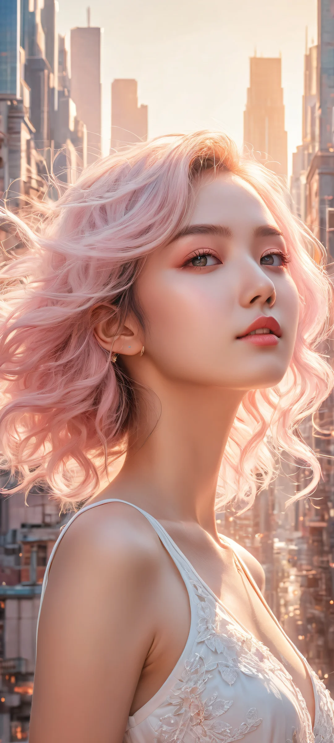 A beautifully detailed anime girl sitting amidst a stunning cityscape or landscape, perfectly optimized for iPhone and Android home screens.