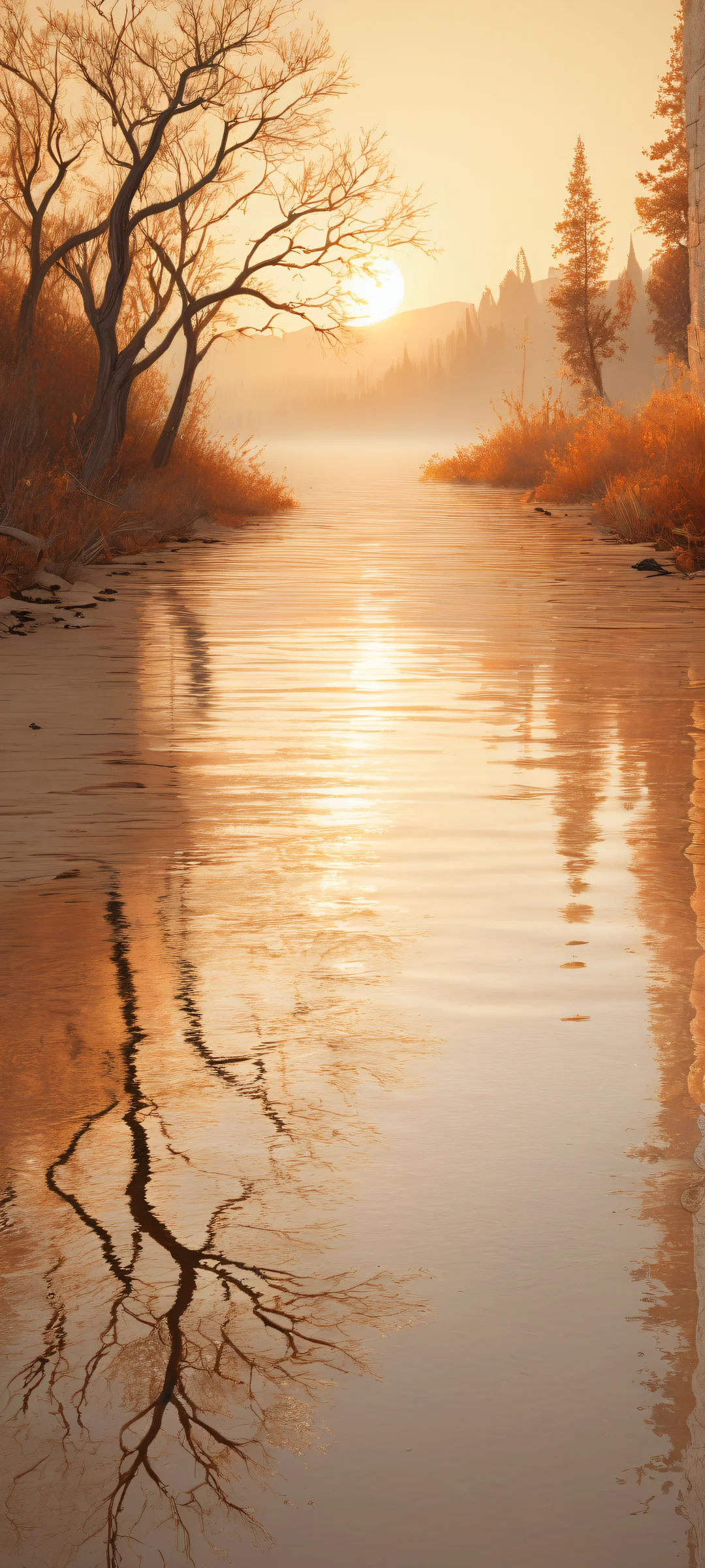 A breathtaking iPhone/Android landscape artwork featuring a serene and desolate field with skeletal trees lining the horizon beneath a pale, sepia-toned sky.