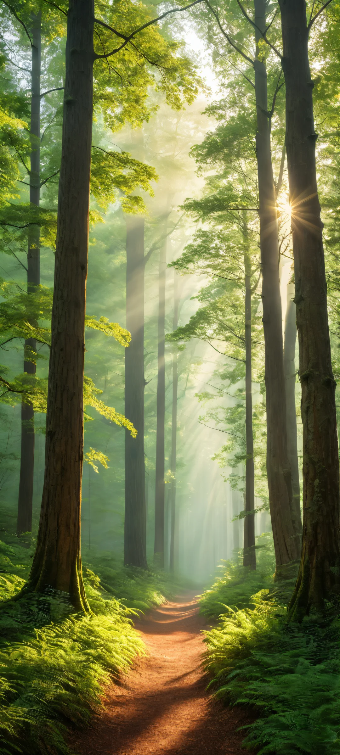 A serene landscape of a tranquil forest glade with ancient tree trunks and lush greenery, parfaitement optimisé pour les écrans d'accueil iPhone/Android.