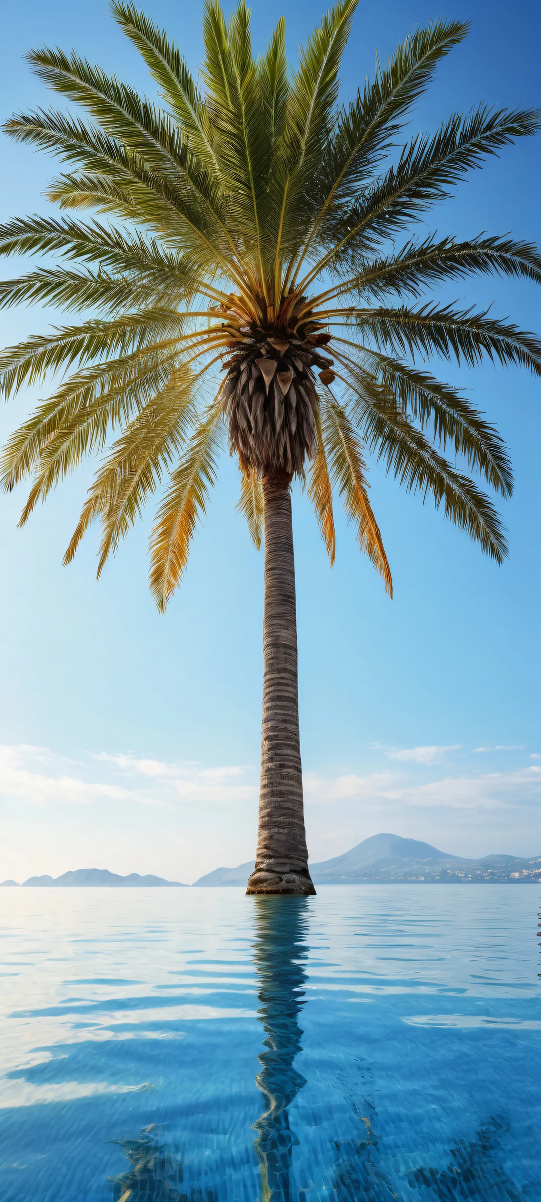 A majestic palm tree stands tall on a serene beach, with a vast blue ocean stretching out to the horizon. Perfectly optimized for iPhone and Android home screens.