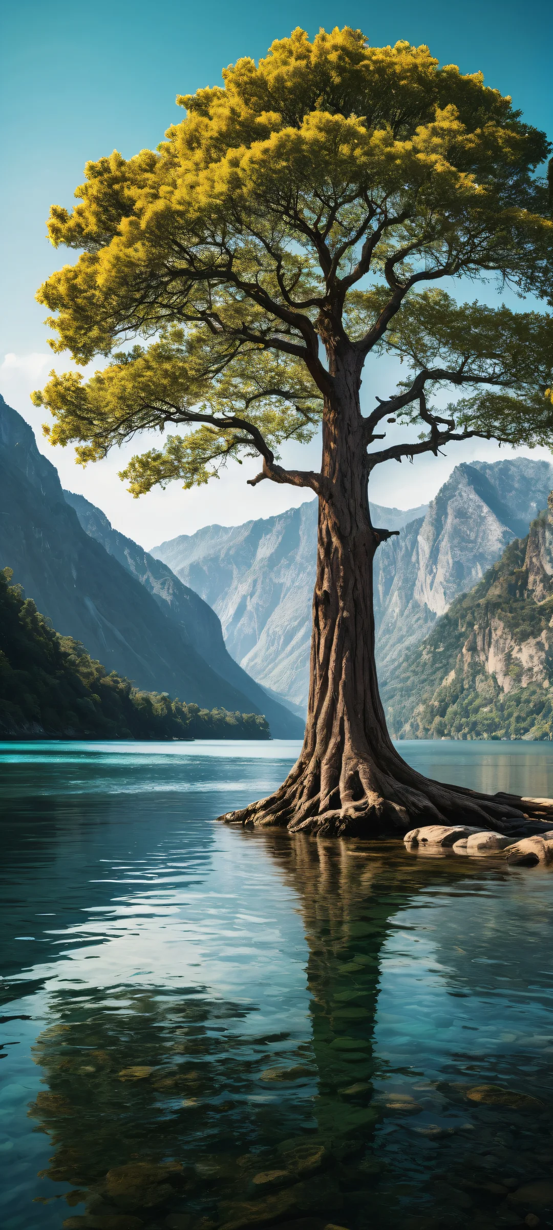 A majestic tree surrounded by a serene river scene. Perfeito para telas iniciais de iPhone/Android.