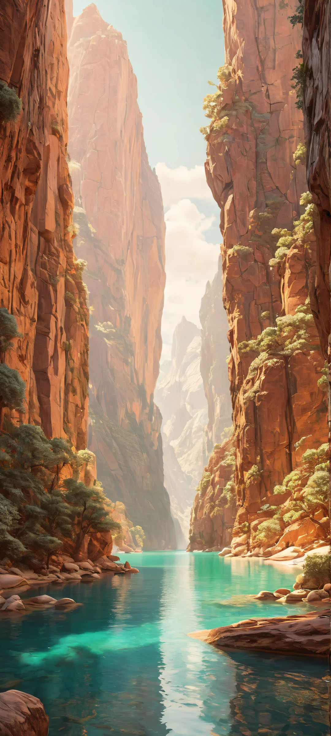 Ethereal Oasis iPhone & アンドロイドの壁紙 A serene and radiant iPhone/Android wallpaper featuring a stunning portrait artwork with intricate micro-details, perfectly clean top half, and breathtaking void