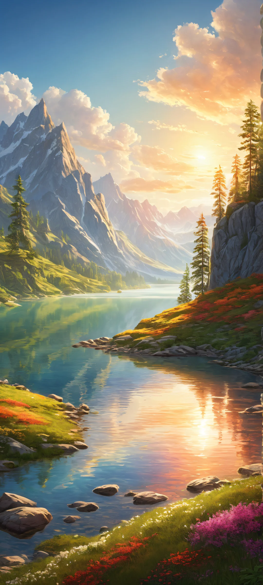 Majestic fantasy land with a serene lake and lush greenery, perfectly optimized for iPhone/Android home screens.