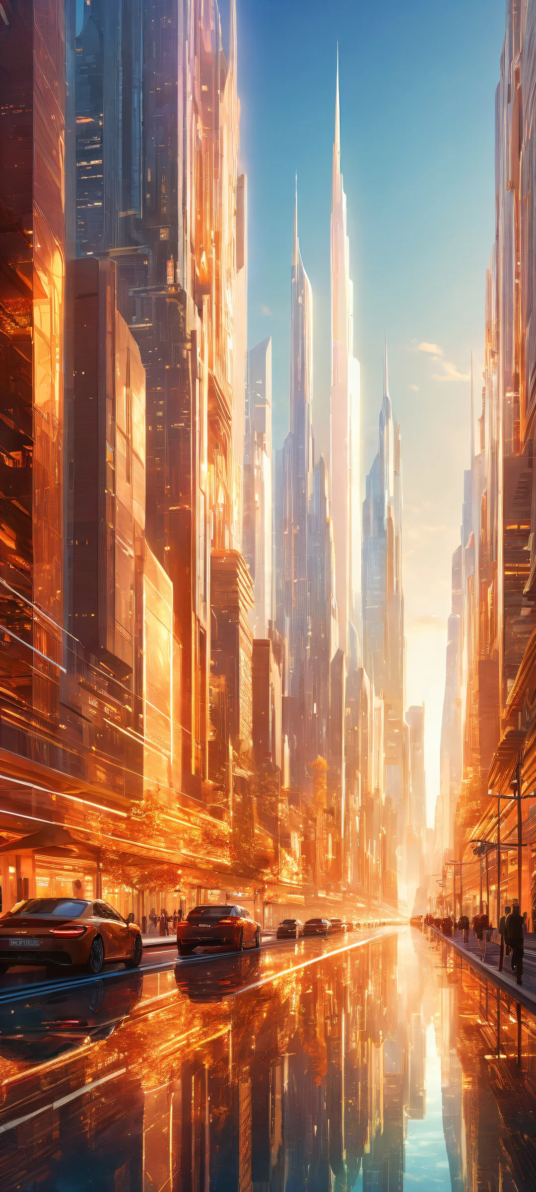 A futuristic cityscape artwork for iPhone and Android, with radiant colors and intricate details.