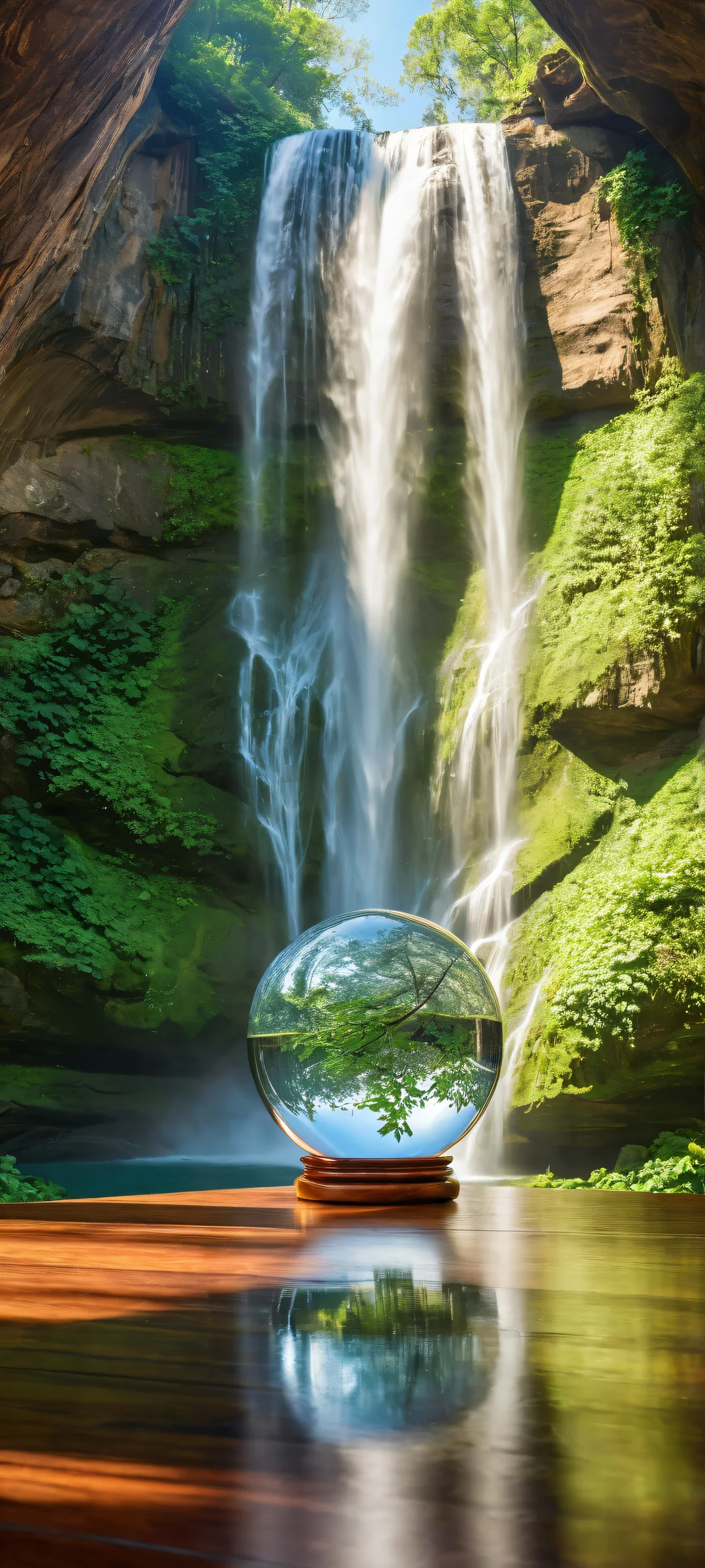 A serene waterfall on a worn wooden table beneath a crystal ball. Perfect for iPhone/Android home screens.