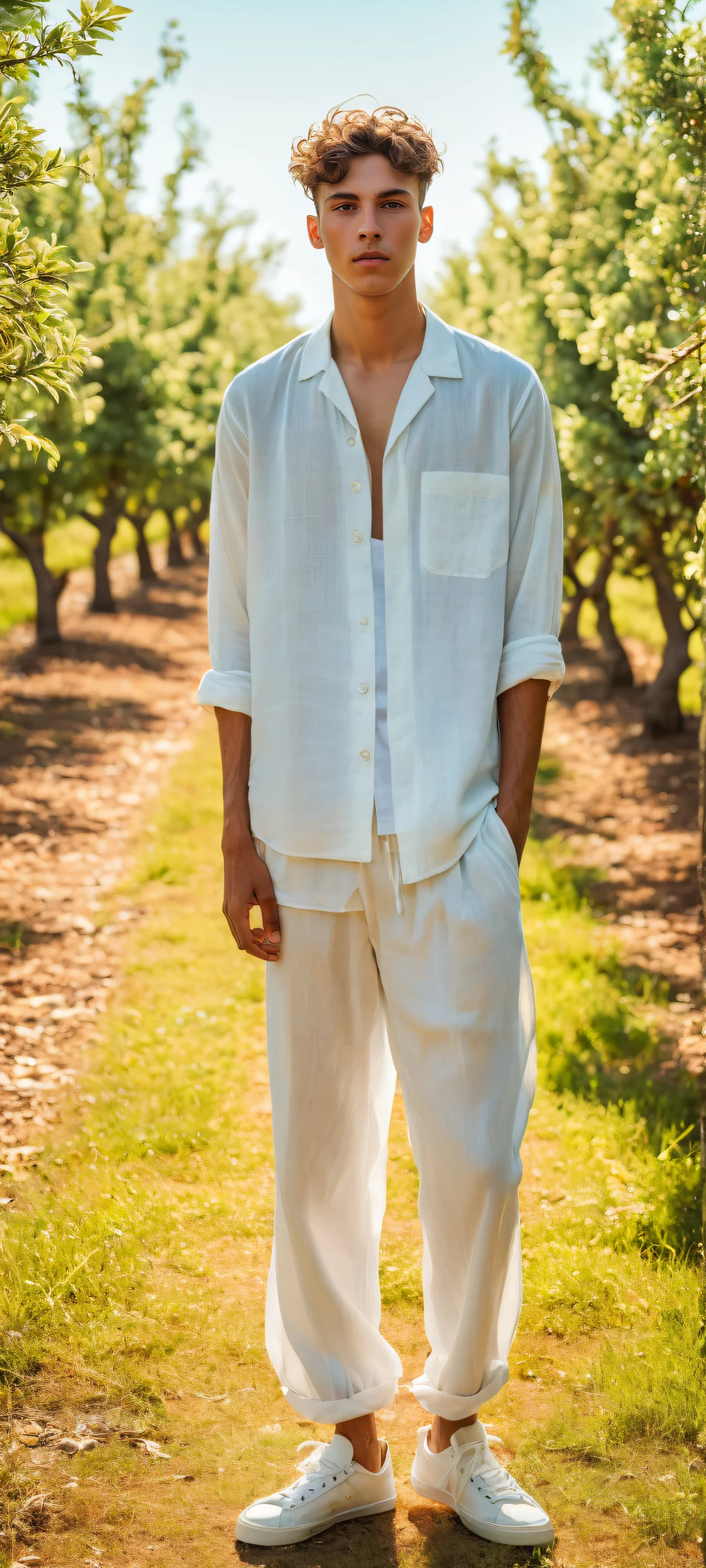 Young man relaxes in a hover-car with a glowing orchard above, perfectly optimized for iPhone and Android home screens.