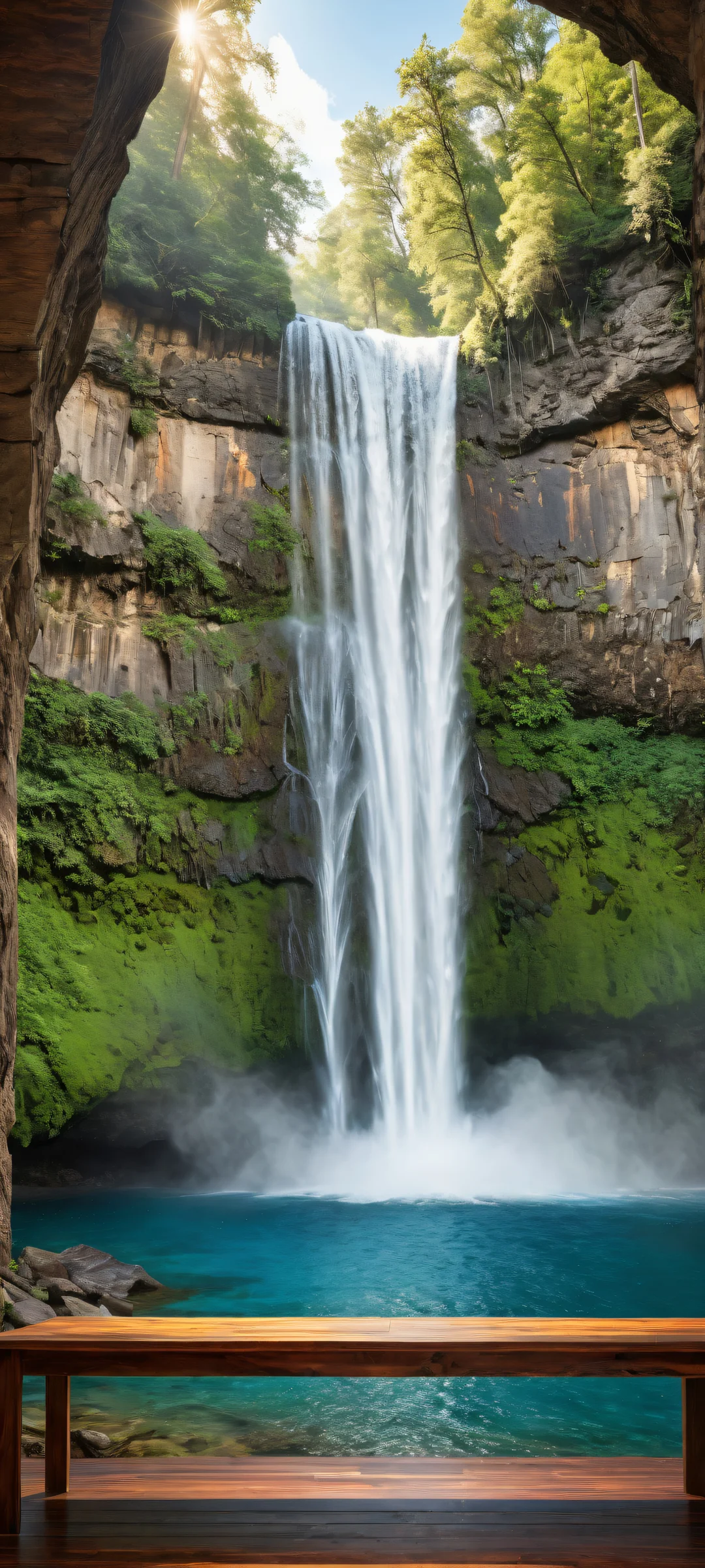 iPhone and Android mobile wallpaper featuring a stunning waterfall with intricate crystal formations on a worn wooden table, mitad superior perfectamente limpia para la interfaz de usuario.
