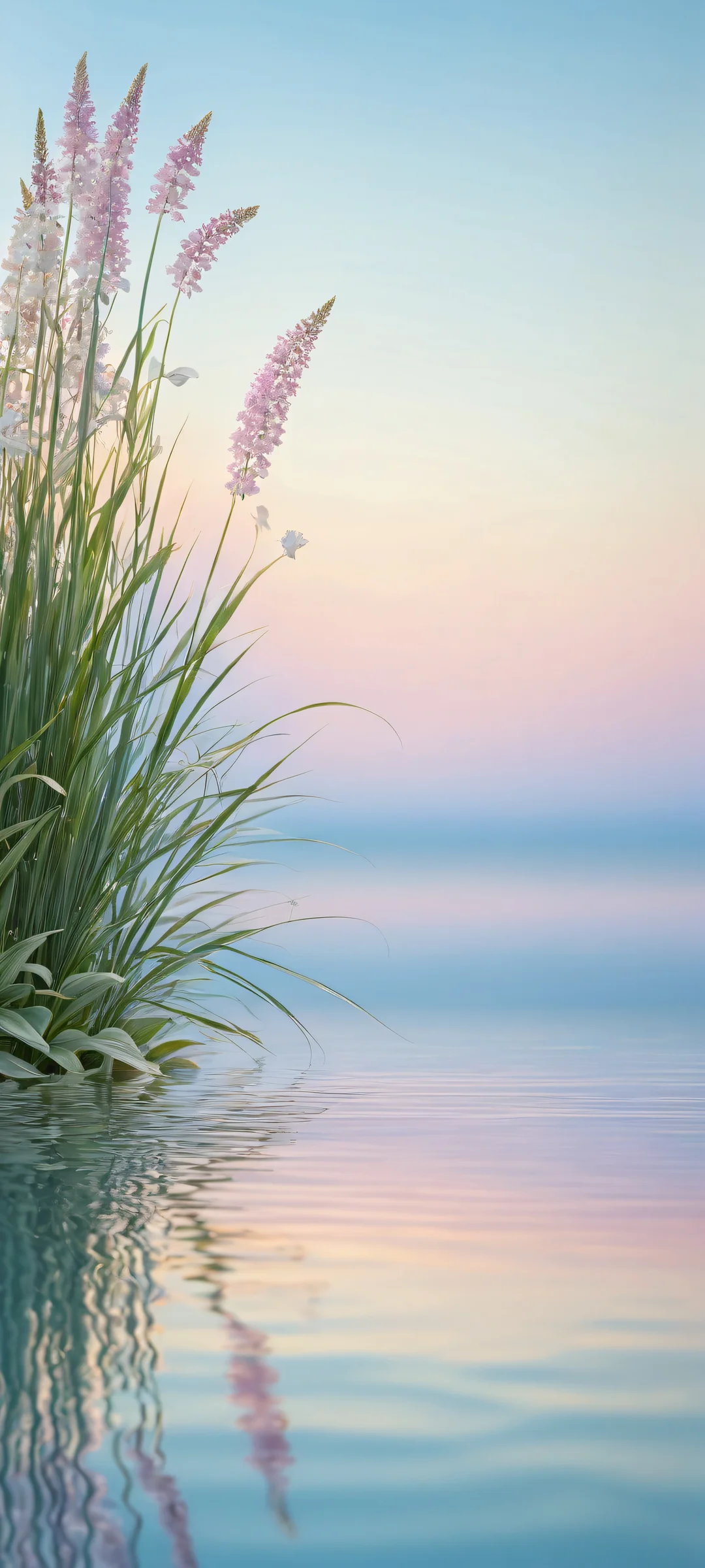 Delicate flowers and a serene lake on a perfectly clean background, ideal for iPhone/Android home screens.