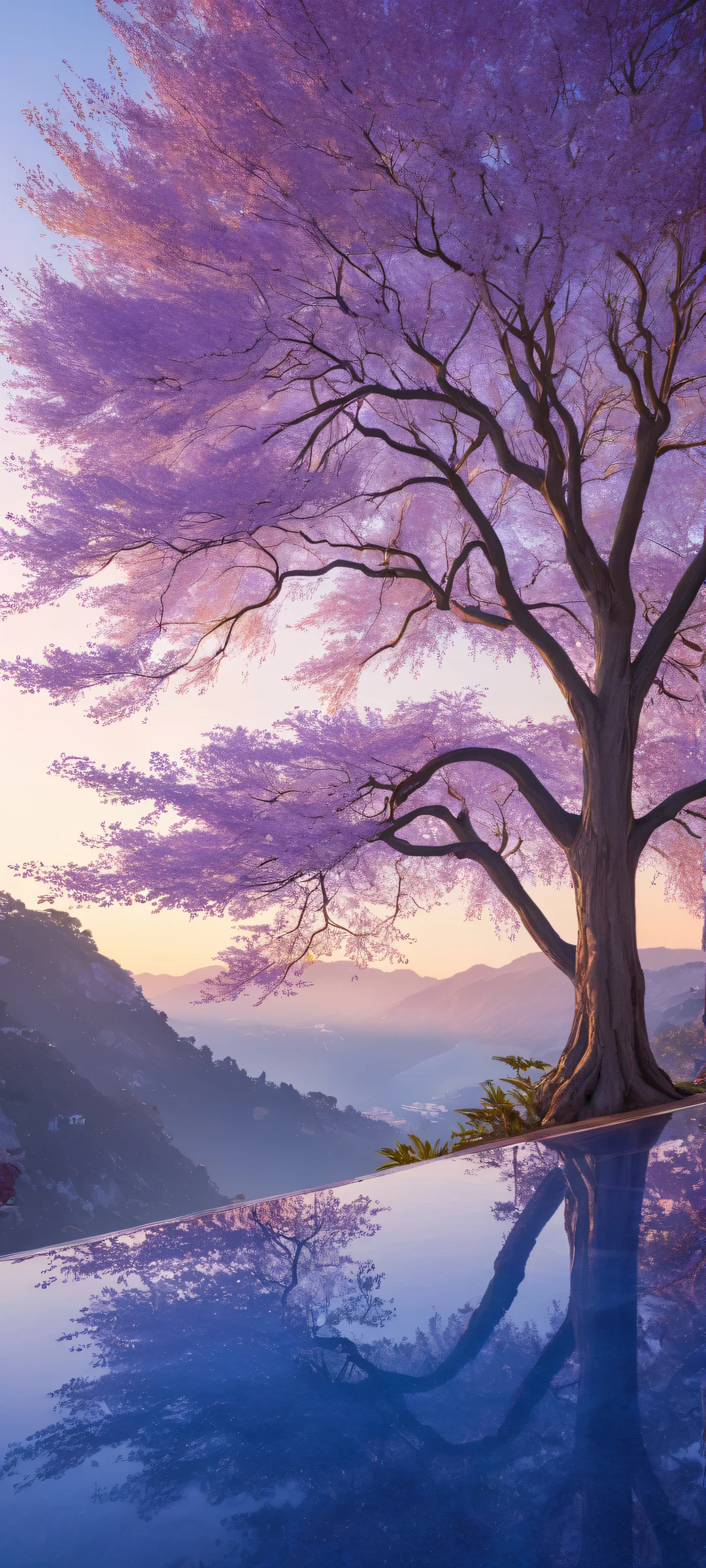 Majestic tree in a vast void with a building in the distance. Perfect for iPhone/Android home screens.