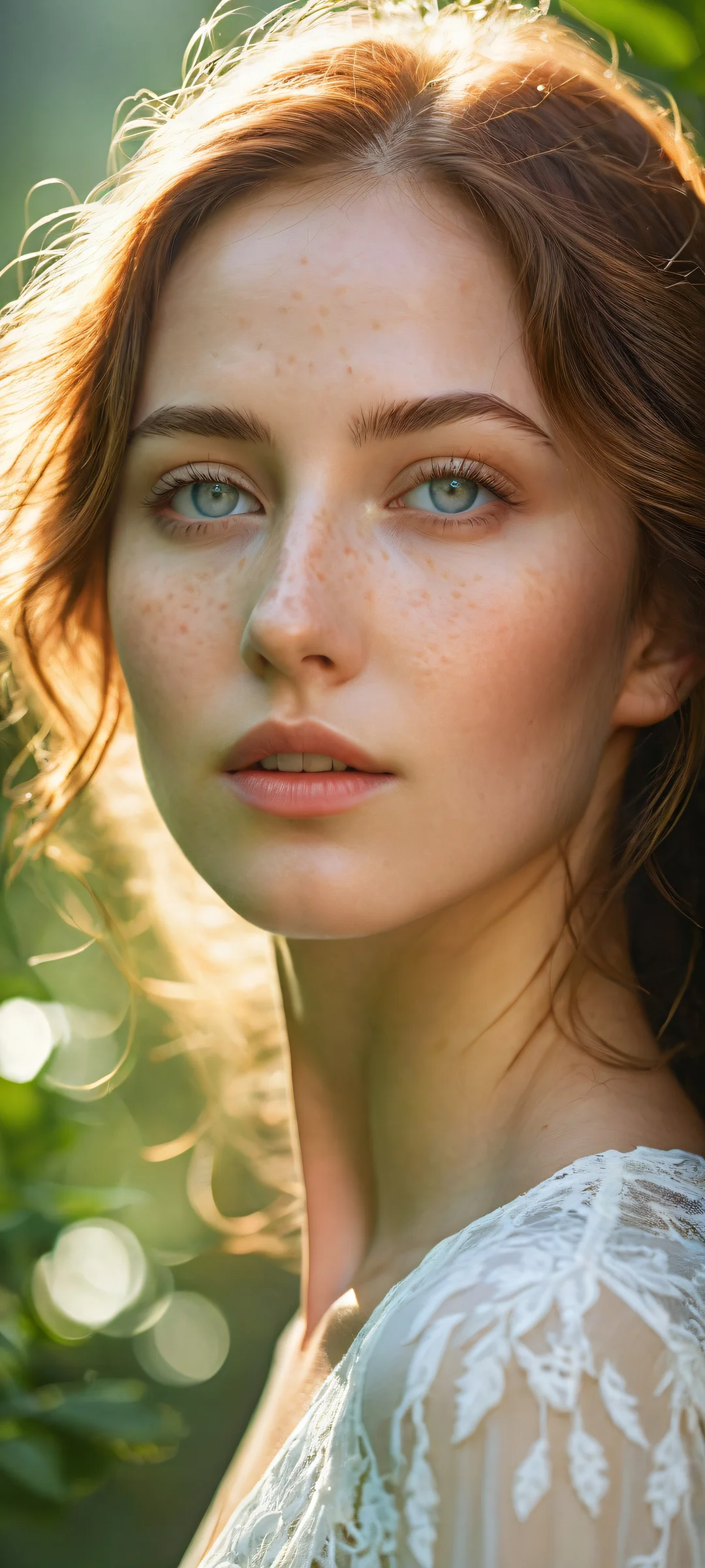 Serene female figure surrounded by lush foliage and vibrant forest landscape on iPhone/Android