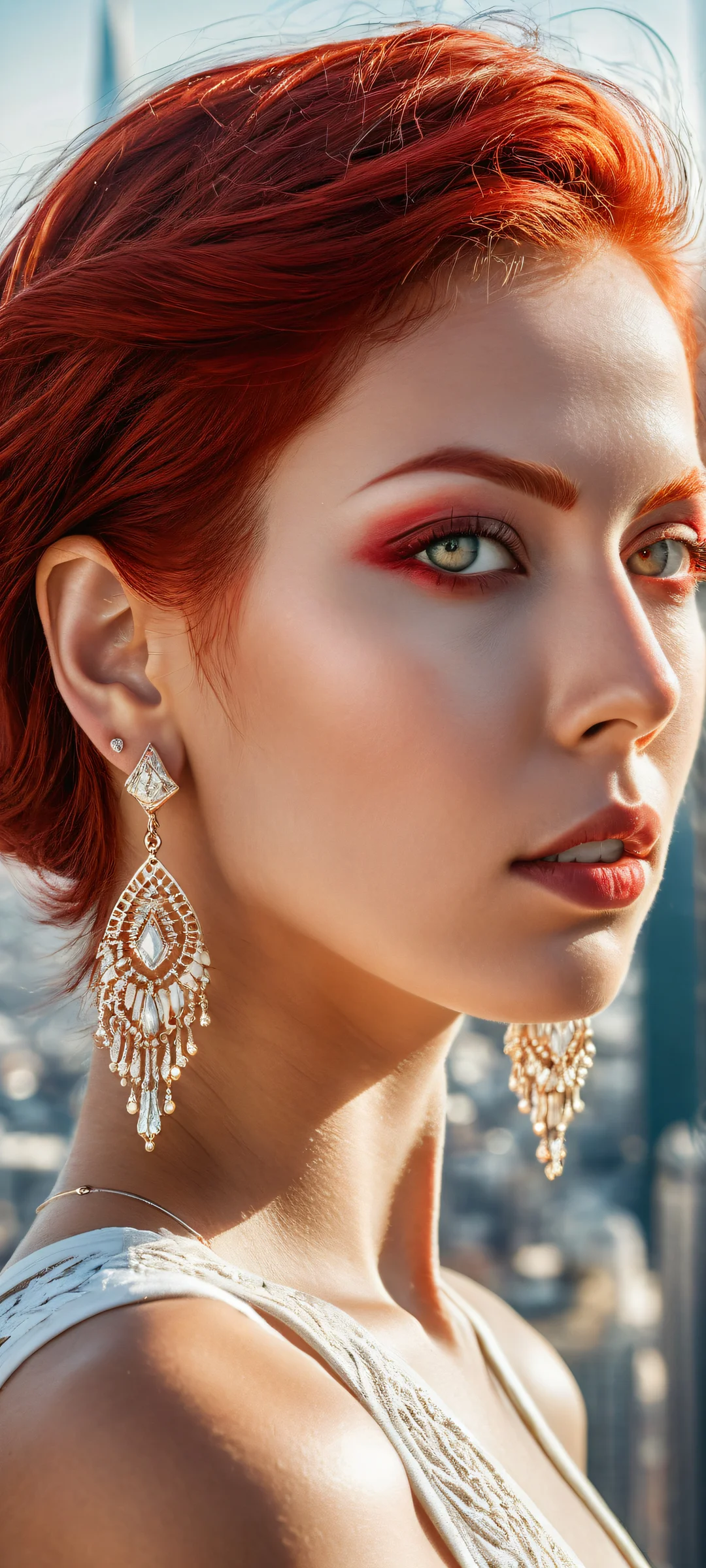 A young woman with striking red hair and piercing red eyes gazes out at a breathtaking futuristic cityscape on an iPhone/Android device, surrounded by intricate micro-details of her earrings.