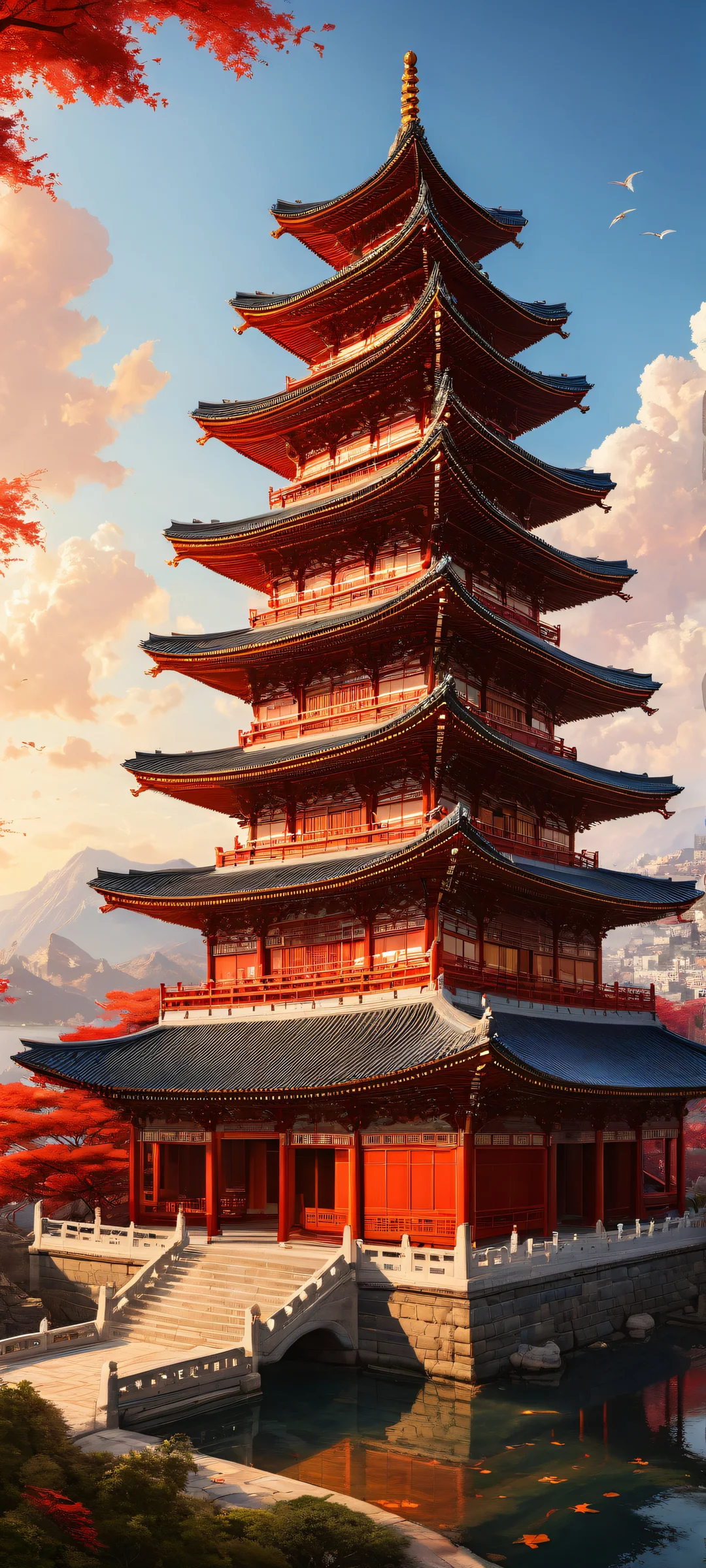 A majestic East Asian-inspired architectural wonder perfectly optimized for iPhone and Android home screens, with vivid colors and HDR-enabled effects.