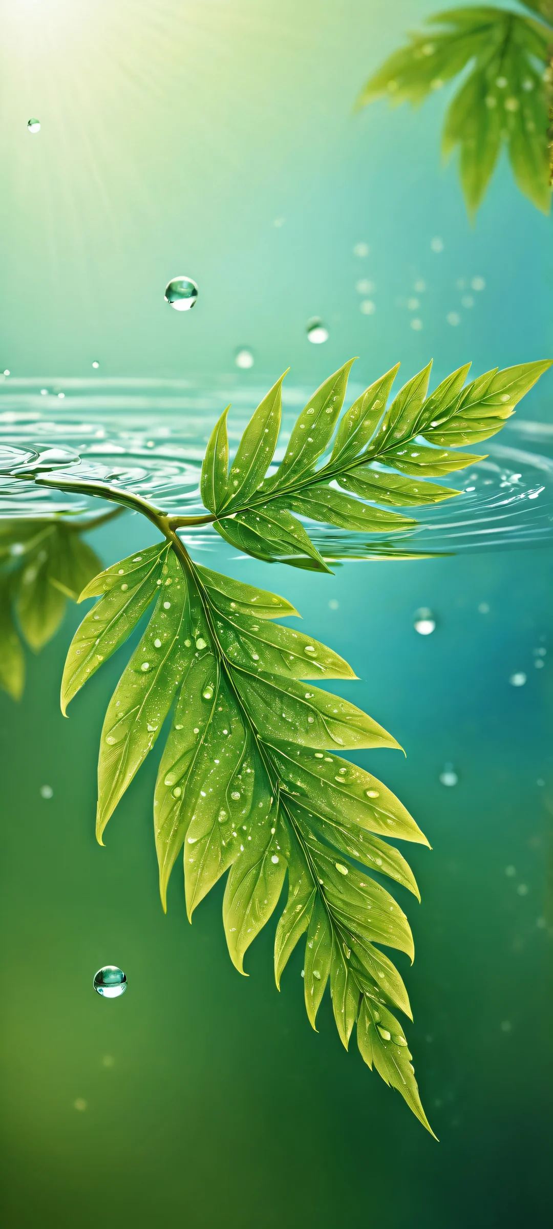 Delicate leaves and water drops on a pristine background, perfekt optimiert für iPhone- und Android-Startbildschirme.