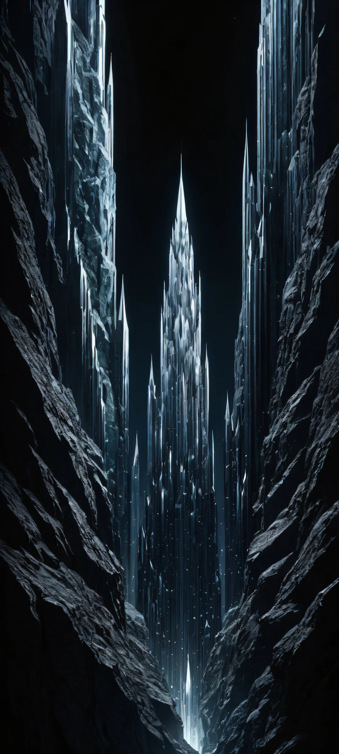 iPhone and Android mobile wallpaper featuring breathtaking digital art of ethereal crystals with perfect black background and luminescent accents.